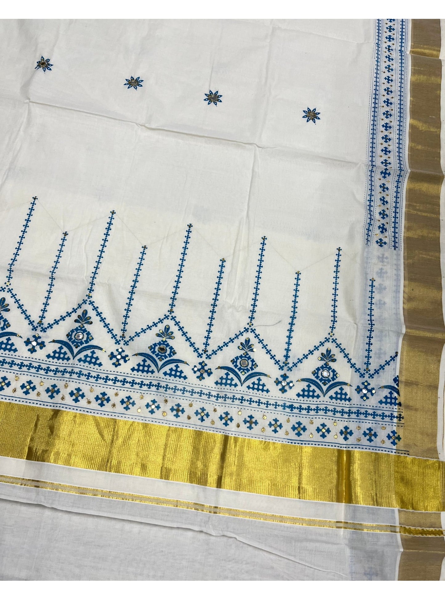 Southloom Pure Cotton Kerala Kasavu Saree with Blue Embroidery Designs