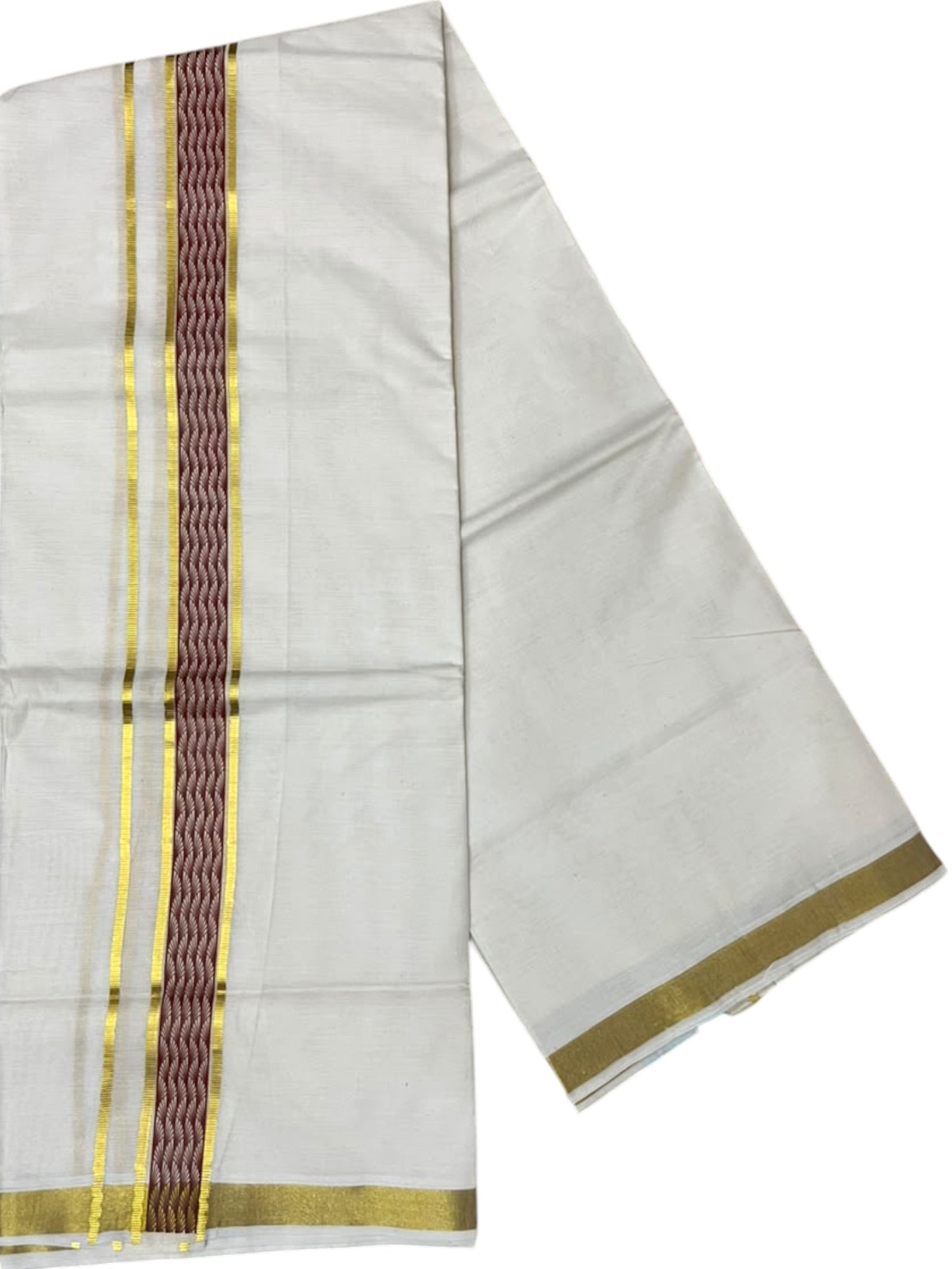 Southloom Pure Cotton Double Mundu with Maroon Block Printed And Ksavu Border (South Indian Kerala Dhoti)