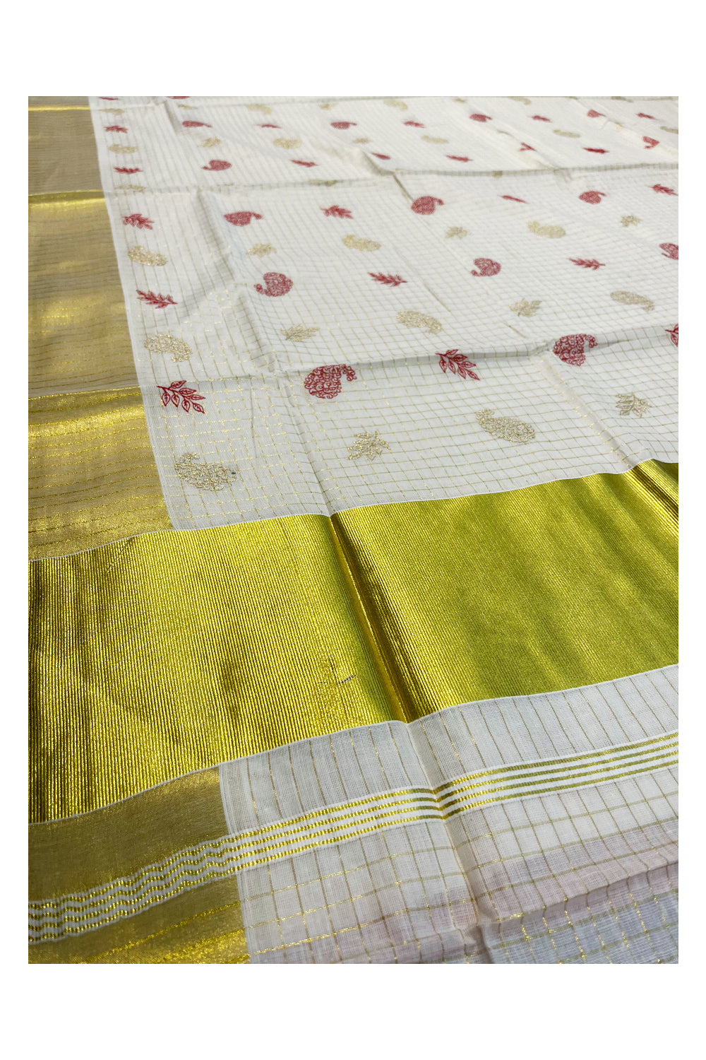 Kerala Cotton Kasavu Checkered Saree with Red And Golden Floral Embroidery Works