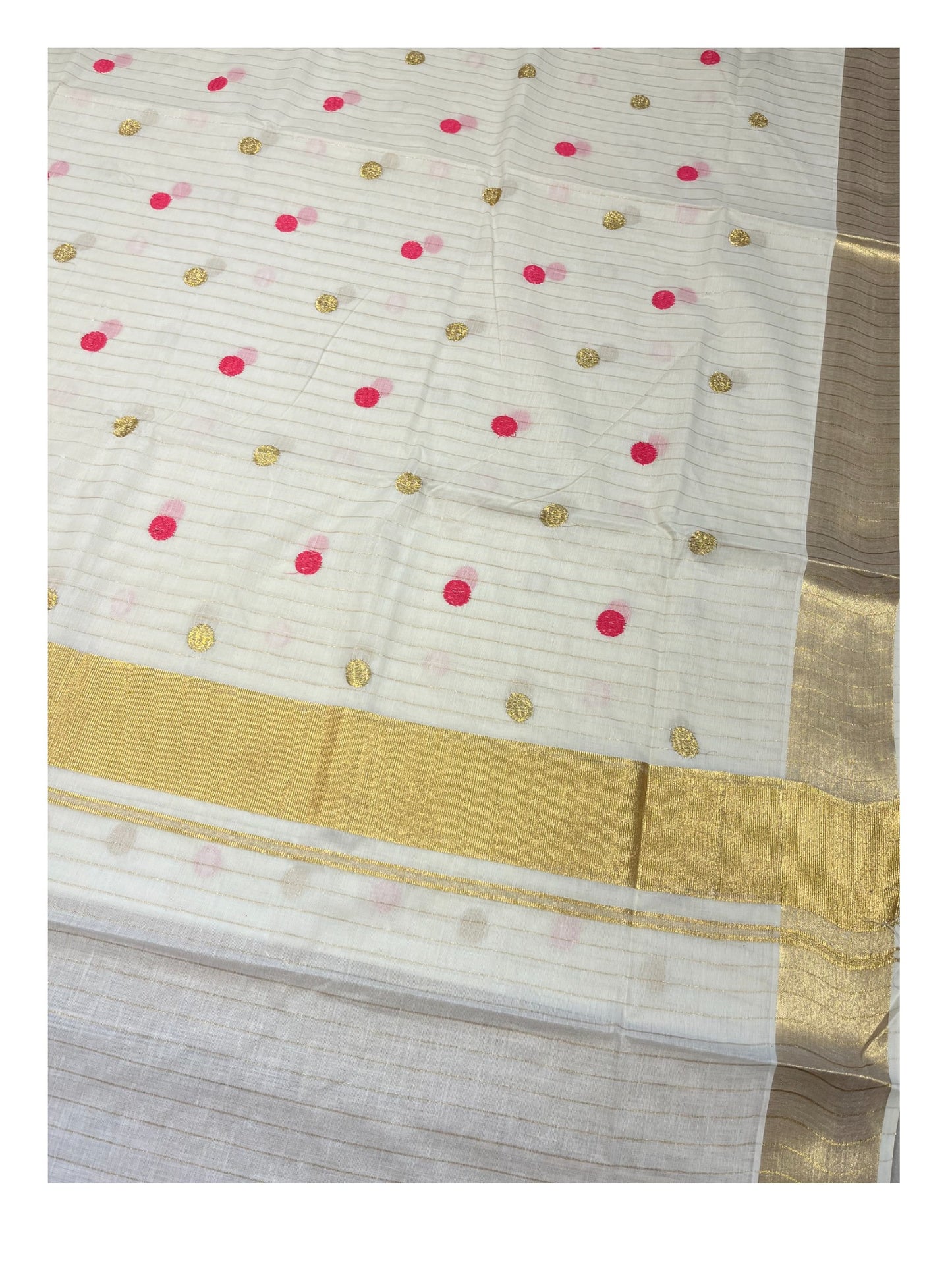 Southloom Kerala Pure Cotton Saree with Gold&Pink Polka Embroidery Works on Body