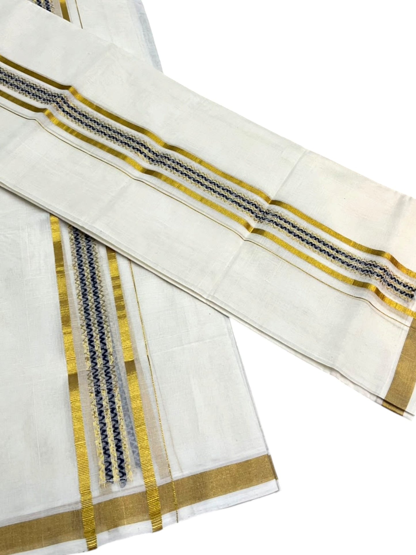 Southloom Premium Cotton Handloom Set Mundu With Blue Woven Dots Design And Golde Kasavu Border (2.80 Mtr) SL632