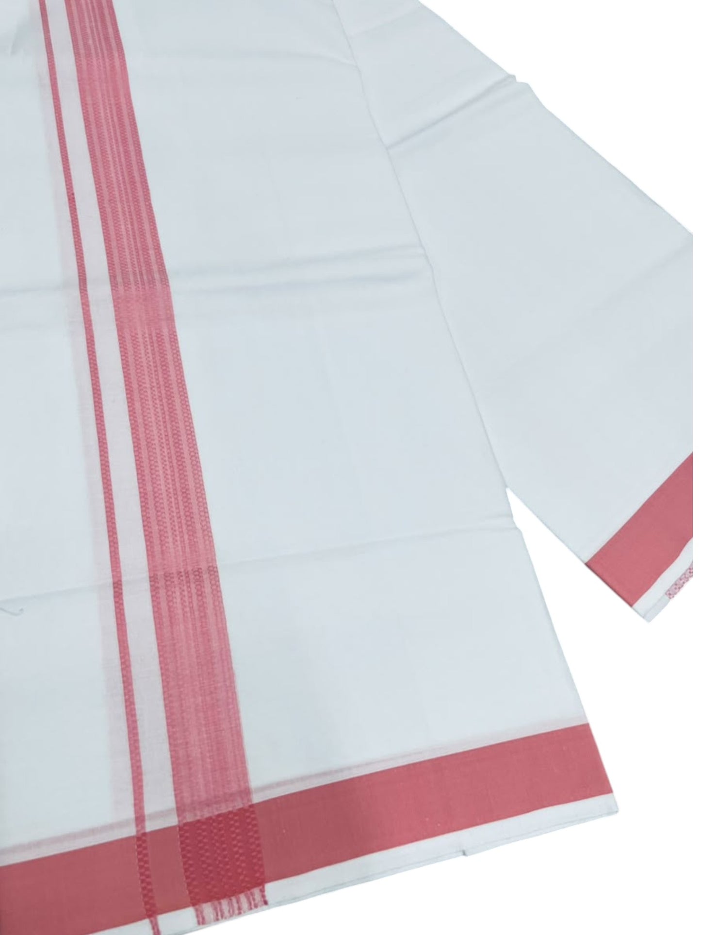 Southloom Pure White Single Cotton Mundu with Pink Border (South Indian Kerala Dhoti)