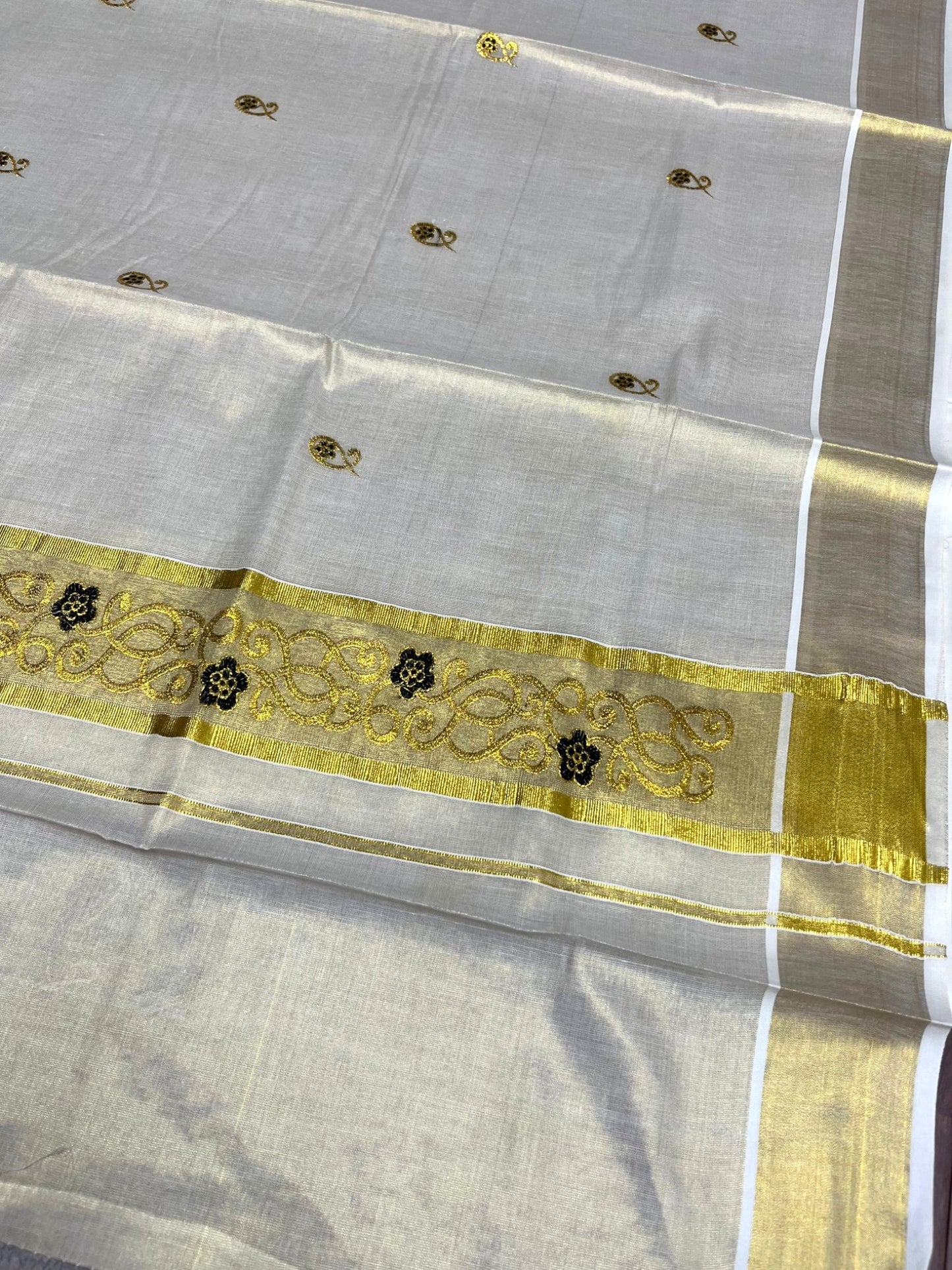 Southloom Kerala Tissue Kasavu Saree with Golden and Black  Embroidery Work on Body