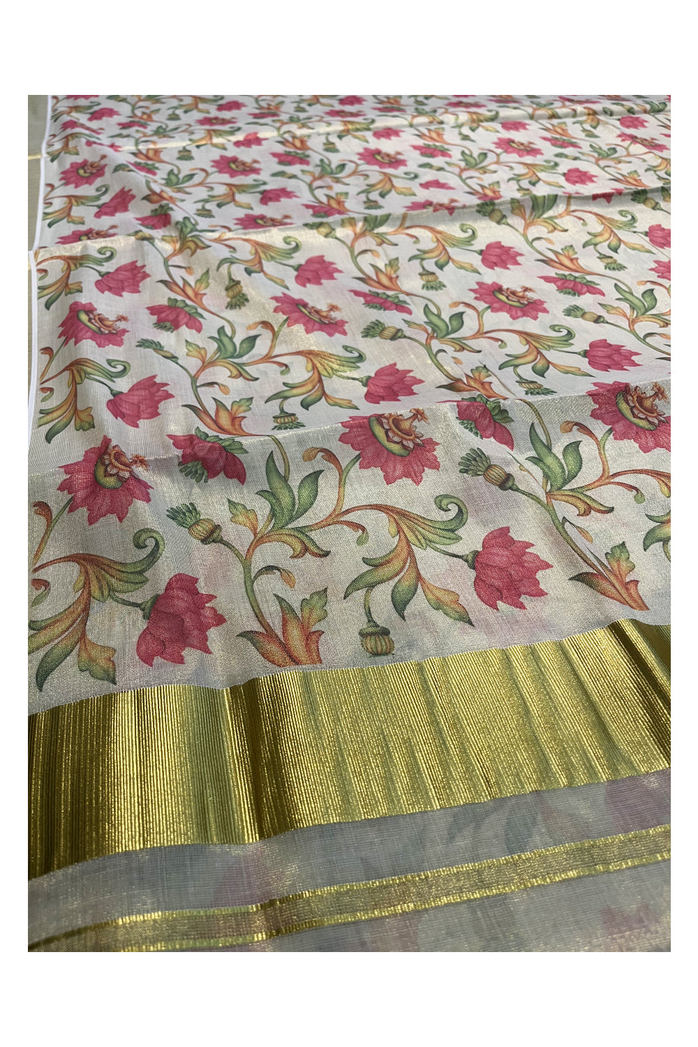 Kerala Tissue Kasavu Saree with Pink Lotus Floral Kalamkari Design