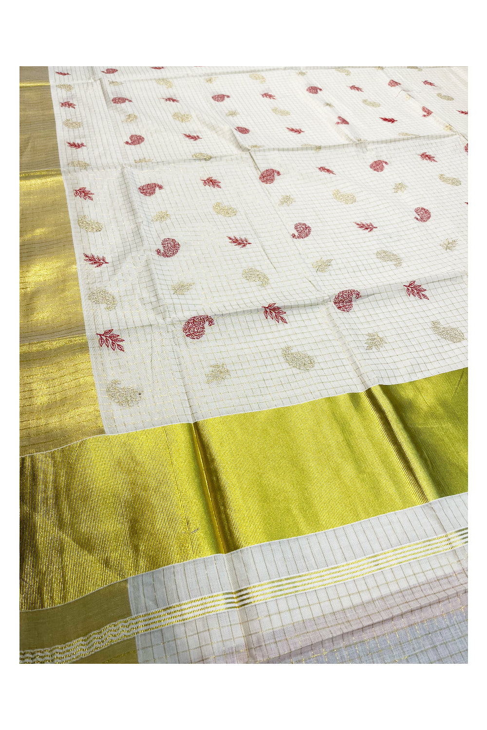 Kerala Cotton Kasavu Checkered Saree with Red And Golden Floral Embroidery Works