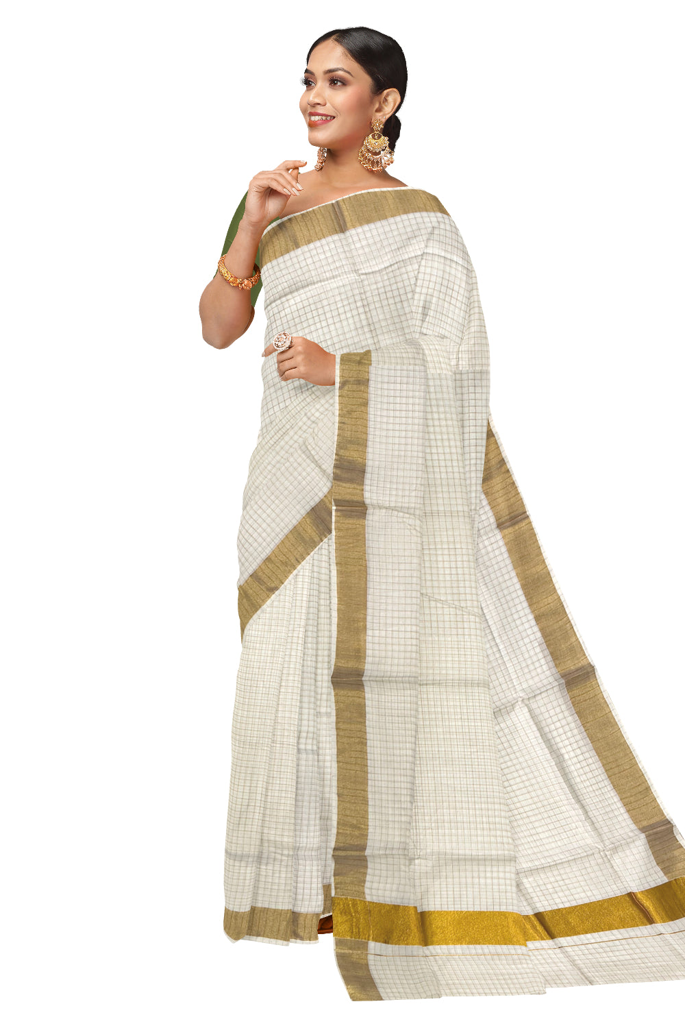 Kerala Cotton Kasavu Checks Design Saree (Onam Saree 2023)