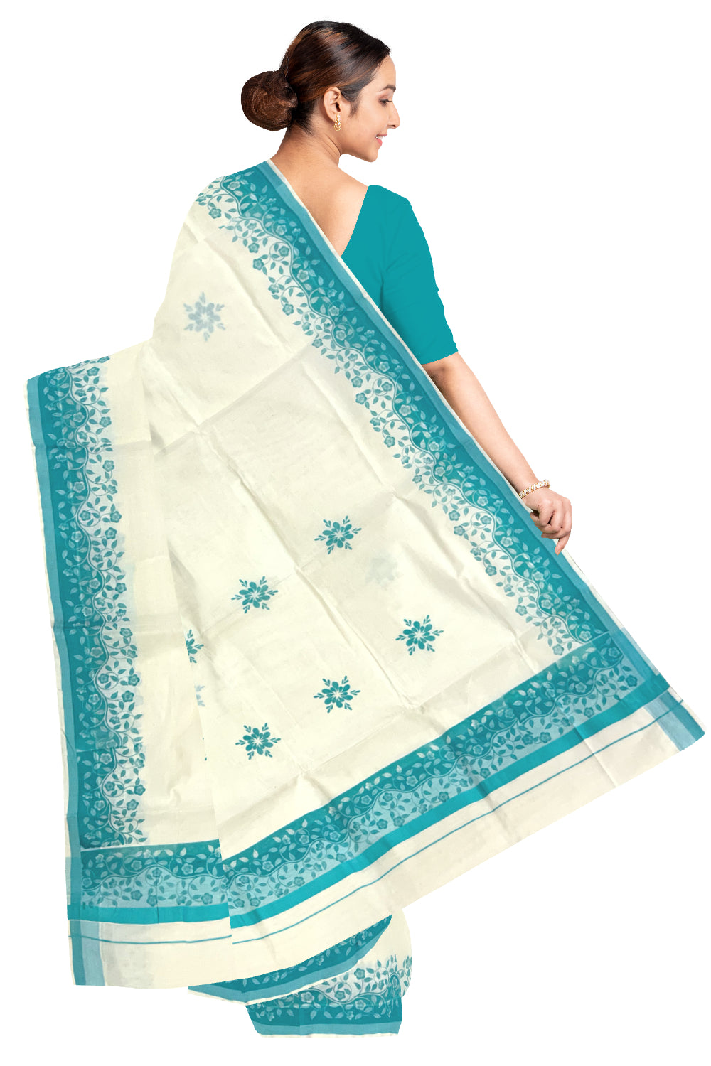 Kerala Cotton Saree with Turquoise Floral Block Prints on Border (Onam Saree 2023)