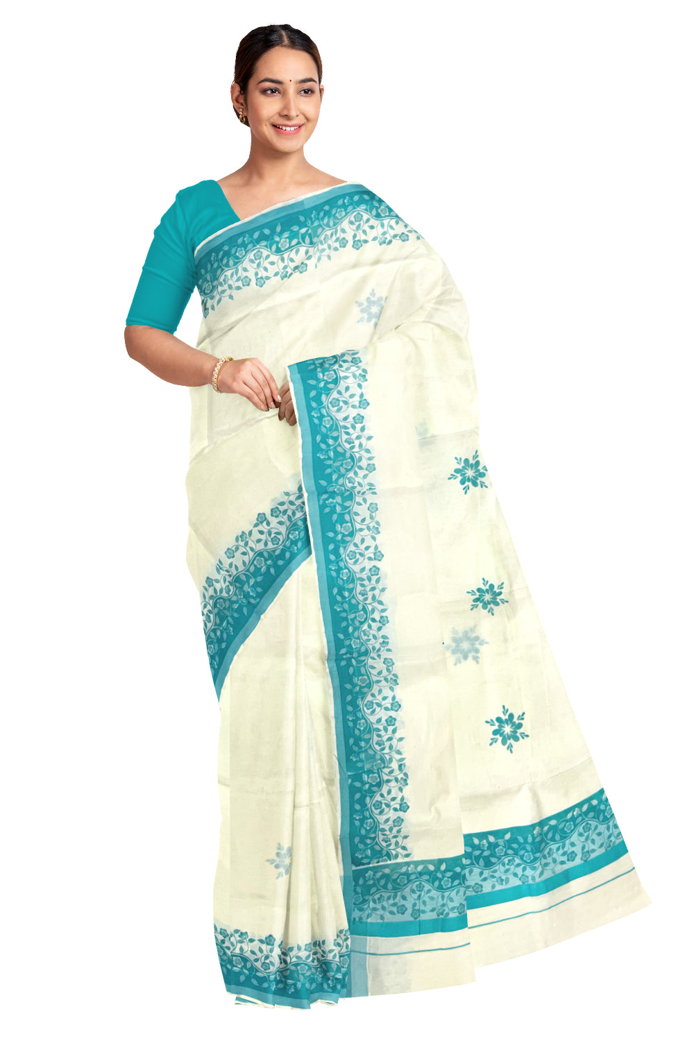 Kerala Cotton Saree with Turquoise Floral Block Prints on Border (Onam Saree 2023)