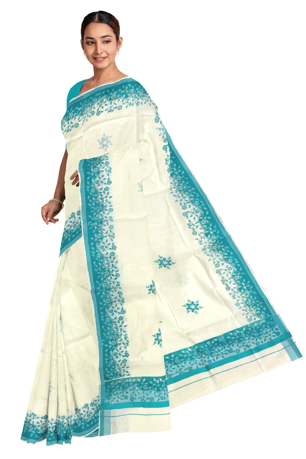 Kerala Cotton Saree with Turquoise Floral Block Prints on Border (Onam Saree 2023)