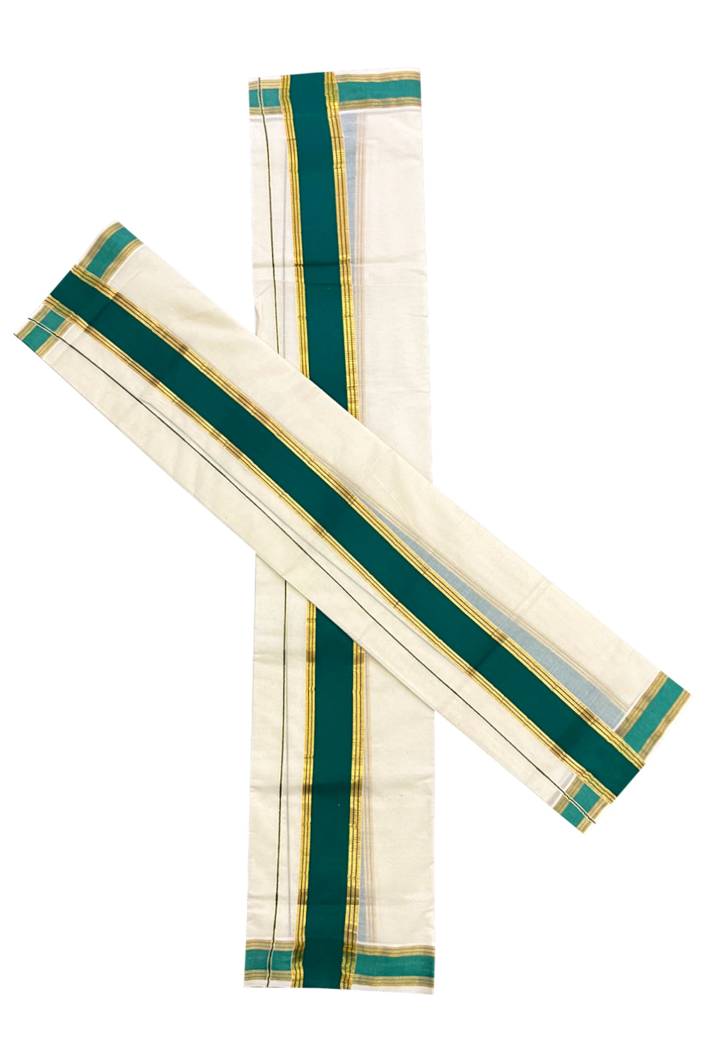 Kerala Cotton Mundum Neriyathum Single (Set Mundu) with Green and Kasavu Border