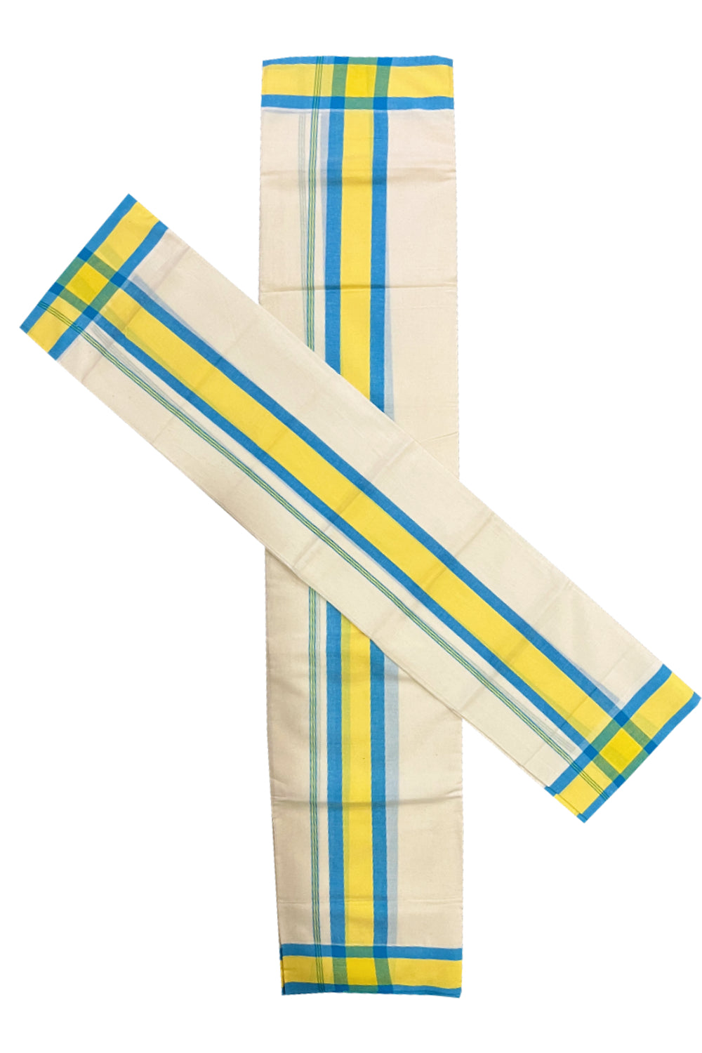 Pure Cotton Mundum Neriyathum Double (Set Mundu) with Blue and Yellow Border