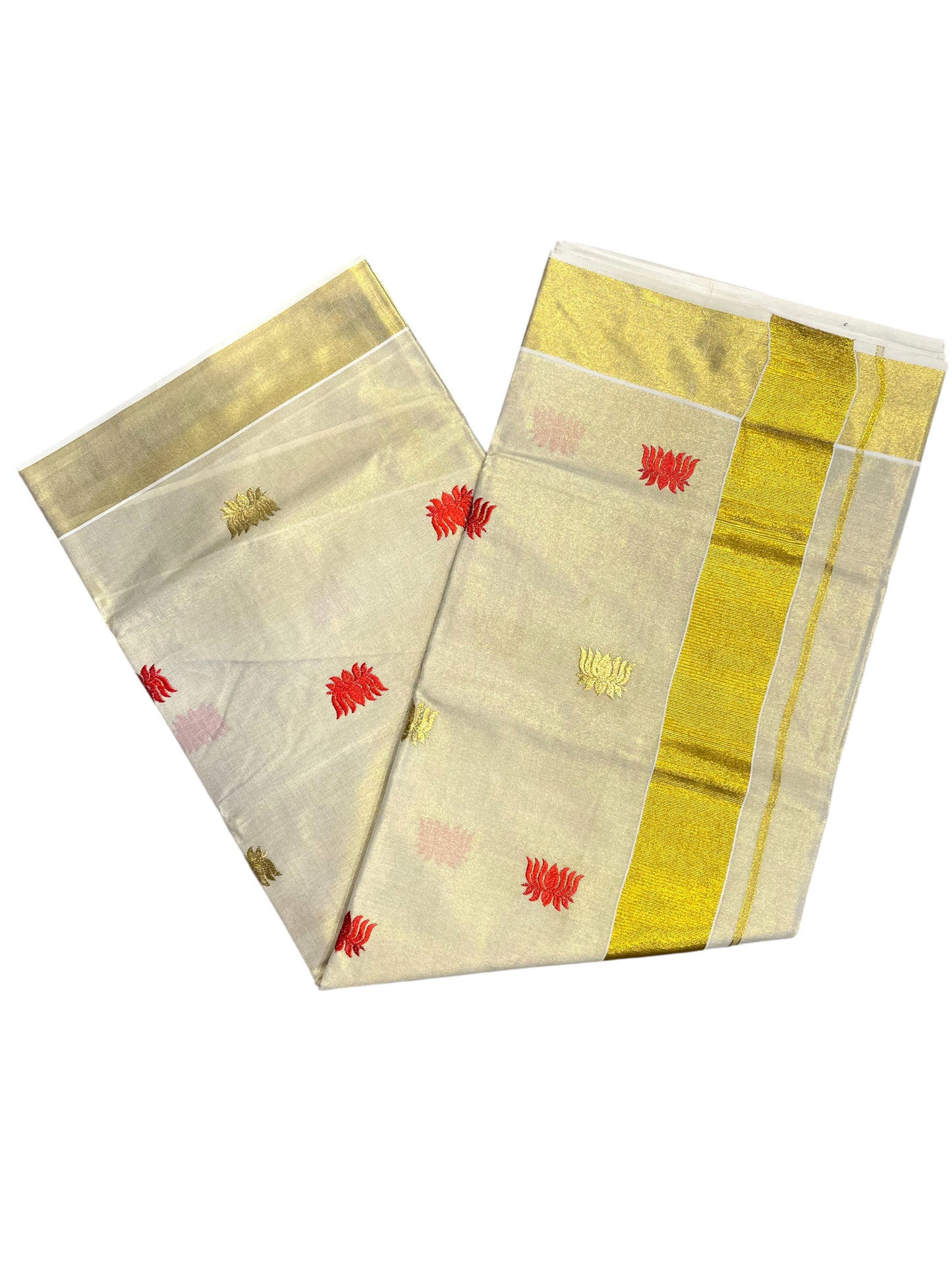 Southloom Kerala Tissue Kasavu Plain Saree with Red Lotus Embroidery Works
