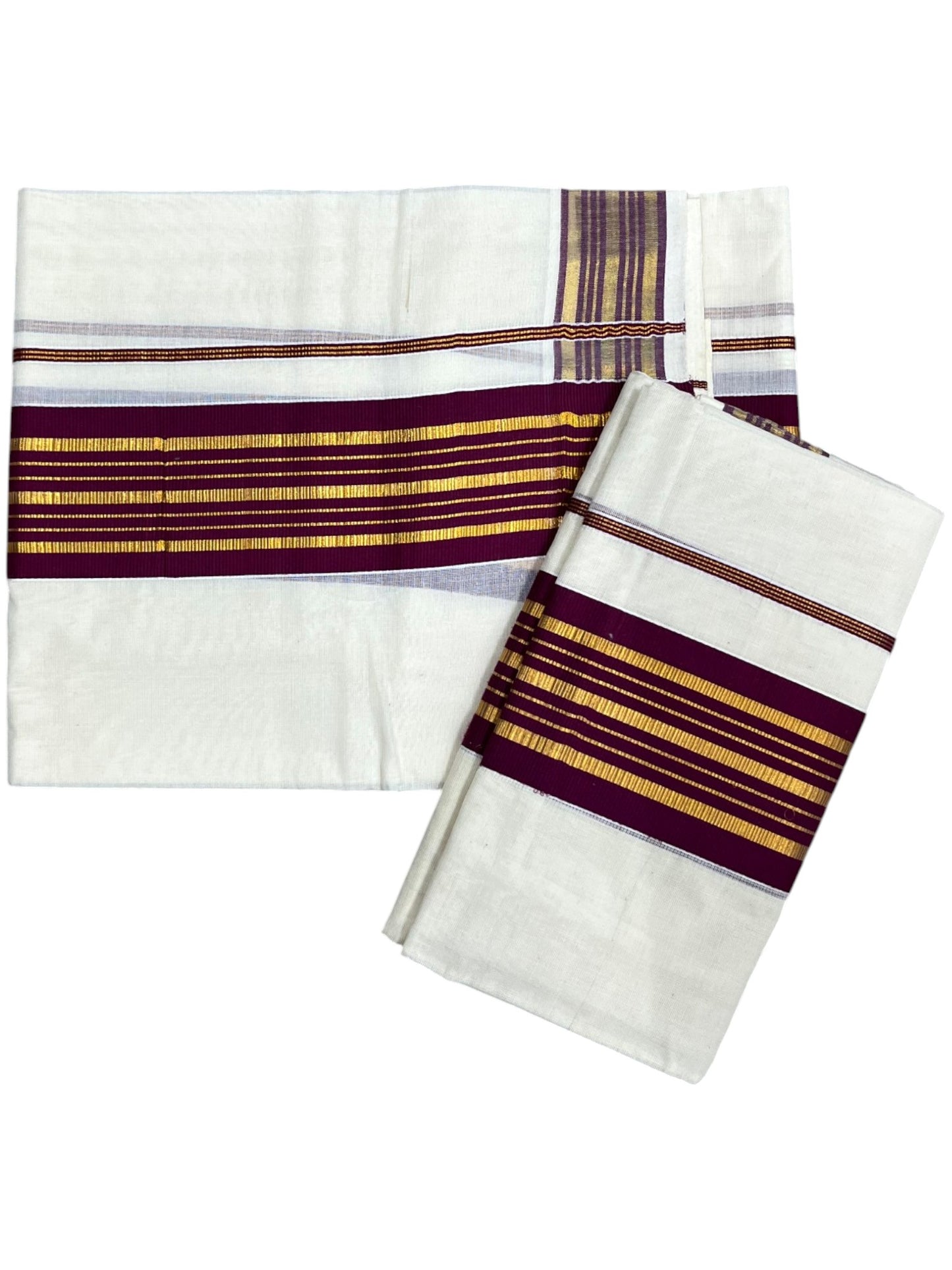 Southloom Kerala Cotton Kasavu Set Mundu (Mundum Neriyathum) with Kasavu and Purple Border 2.80 Mtrs SLKK