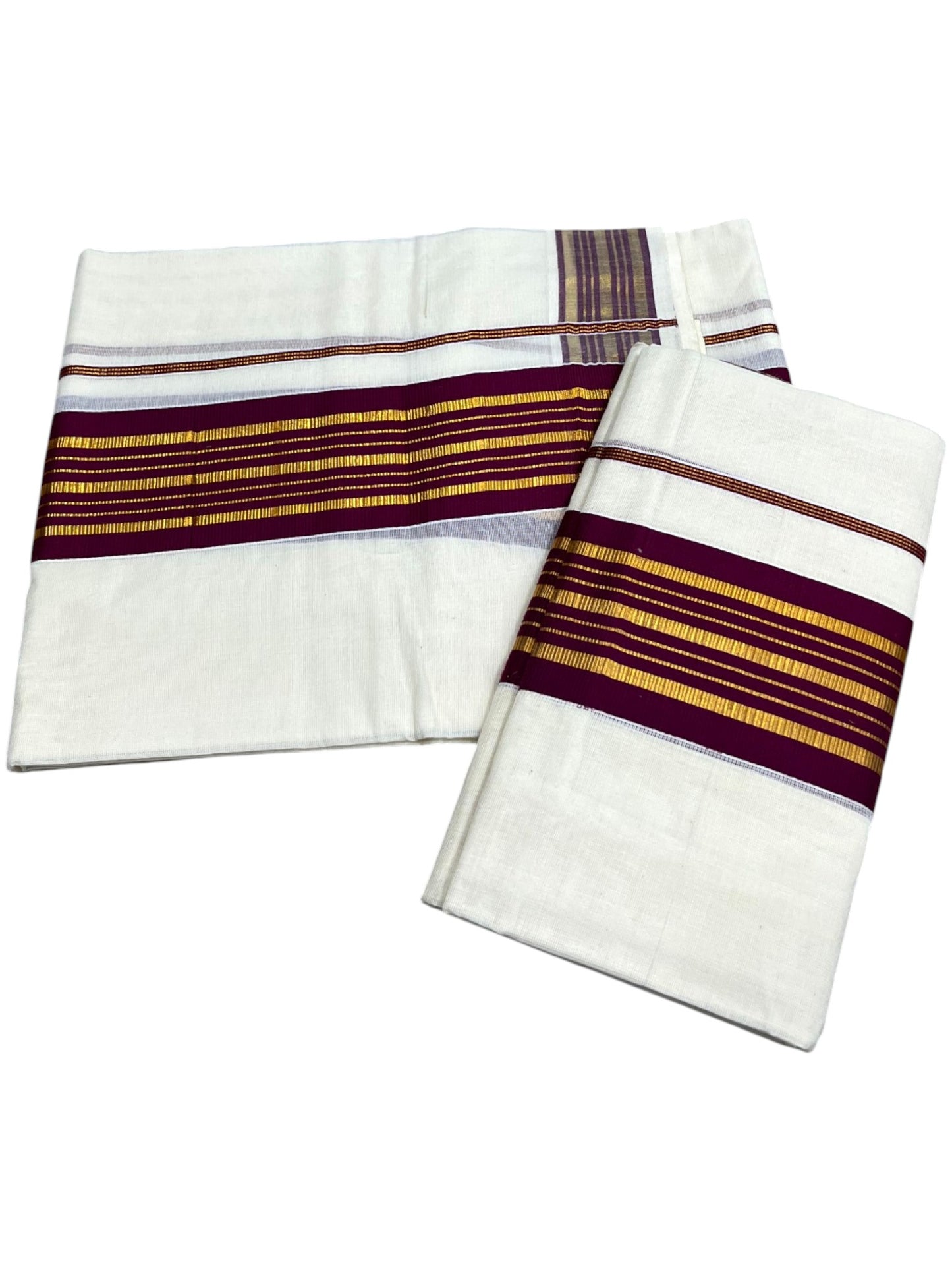 Southloom Kerala Cotton Kasavu Set Mundu (Mundum Neriyathum) with Kasavu and Purple Border 2.80 Mtrs SLKK