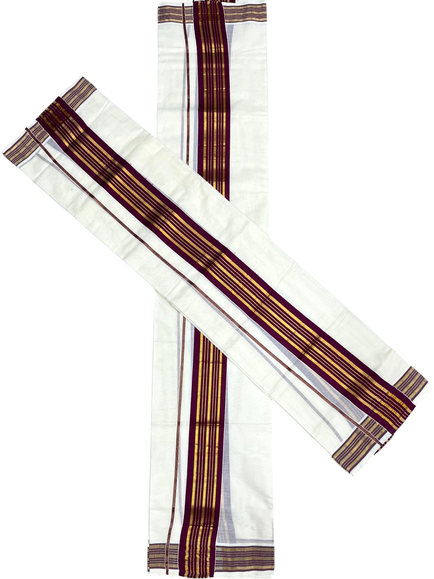 Southloom Kerala Cotton Kasavu Set Mundu (Mundum Neriyathum) with Kasavu and Purple Border 2.80 Mtrs SLKK