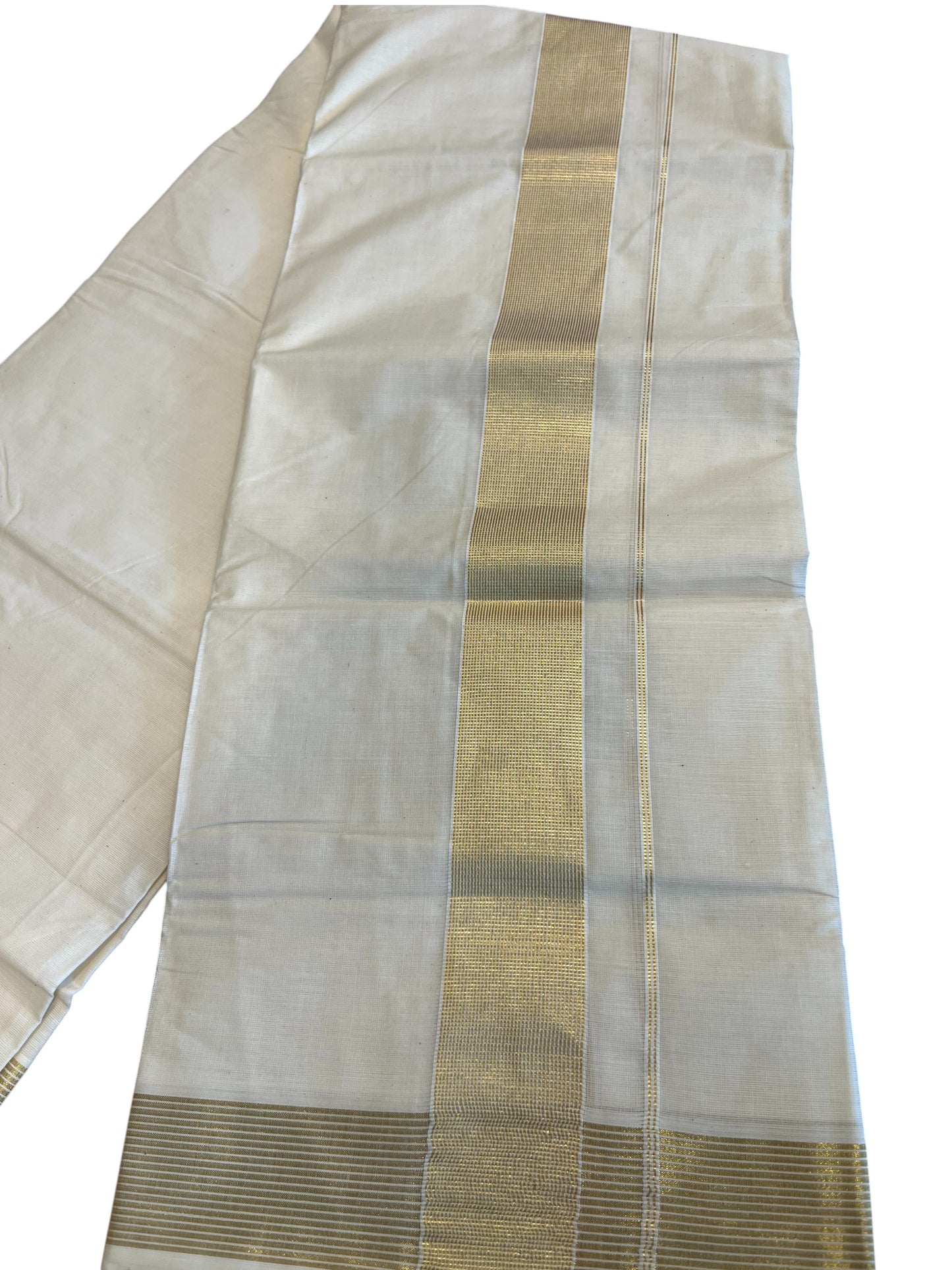 Southloom Pure Cotton Off White Double Mundu with Gold Kasavu Lines Kara (South Indian Kerala Dhoti)