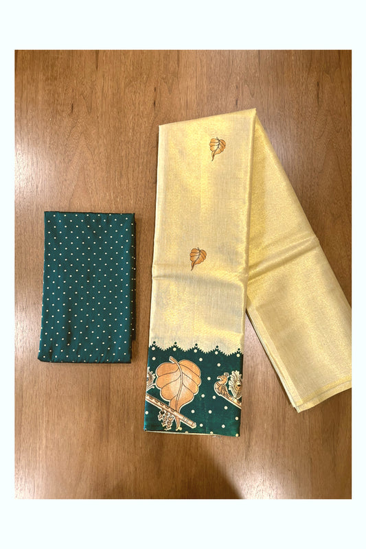 Kerala Tissue Block Printed Pavada and Green Designer Blouse Material for Kids/Girls 4.3 Meters