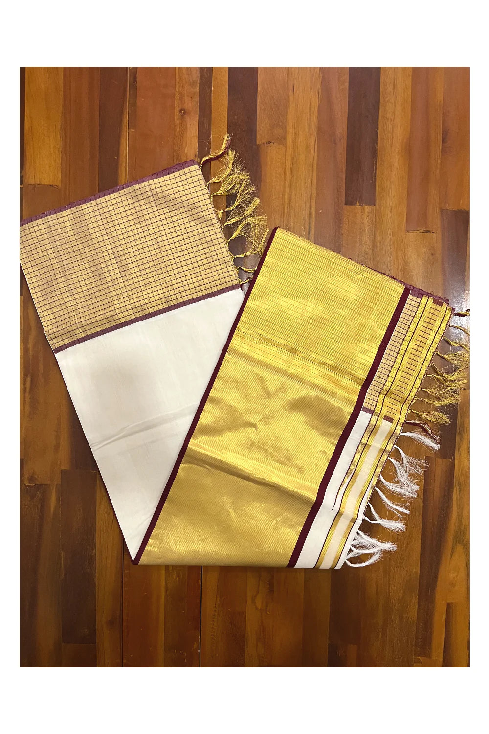 Southloom Handloom Premium Cotton Saree with Kasavu and Colour Check Design Border