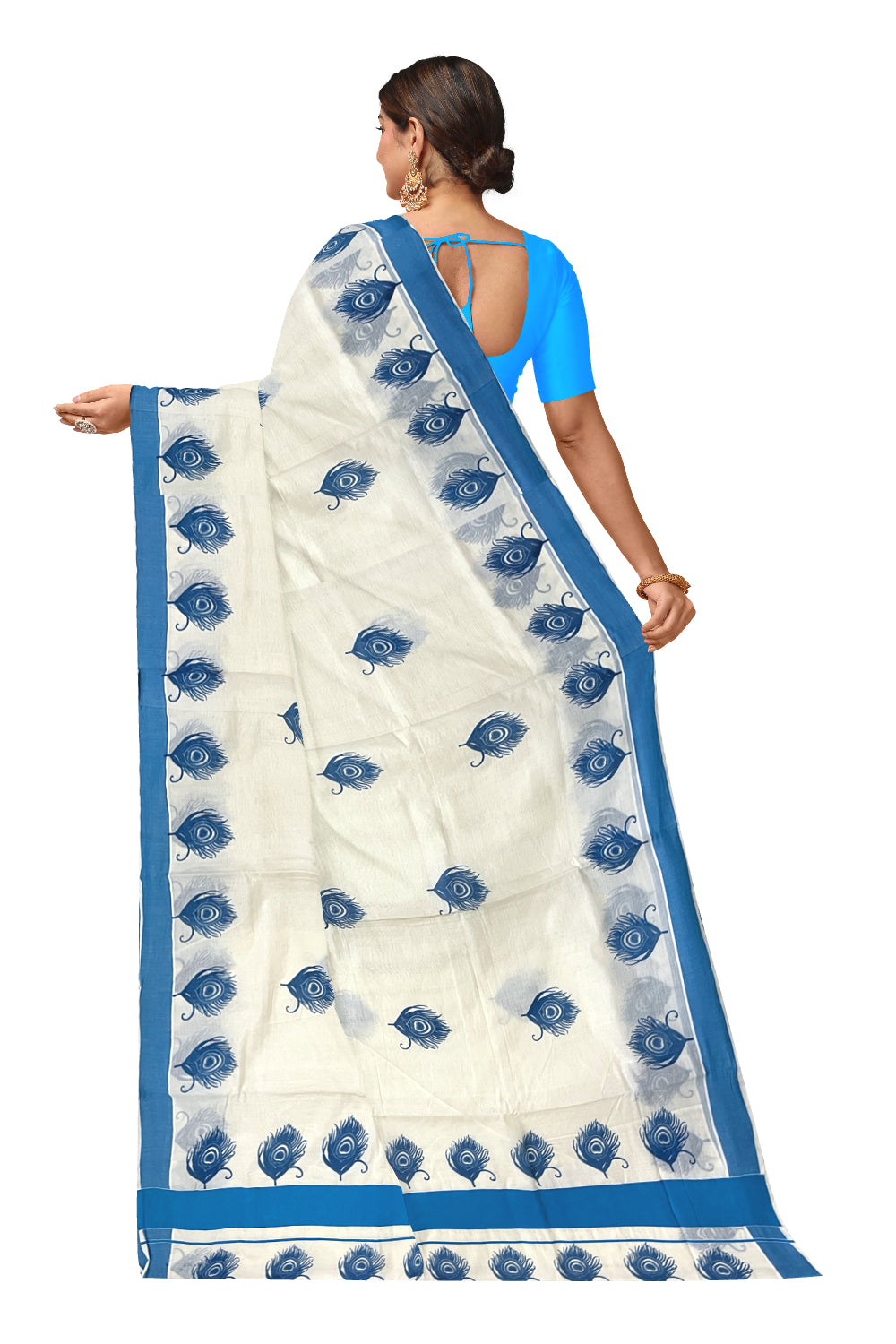 Pure Cotton Kerala Saree with Blue Feather Block Printed Border (Onam Saree 2023)