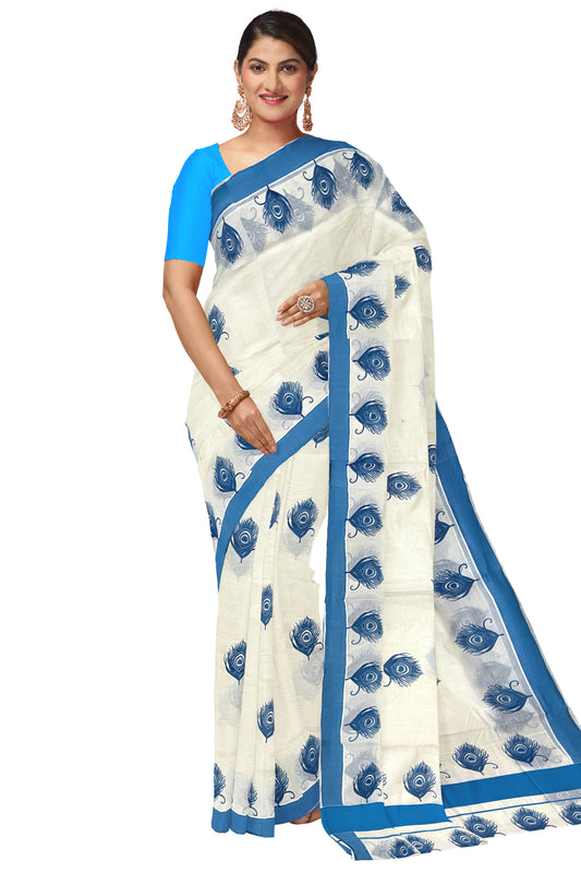 Pure Cotton Kerala Saree with Blue Feather Block Printed Border (Onam Saree 2023)