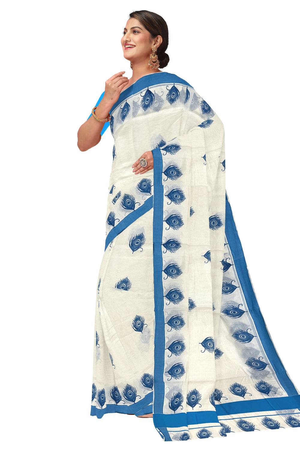 Pure Cotton Kerala Saree with Blue Feather Block Printed Border (Onam Saree 2023)