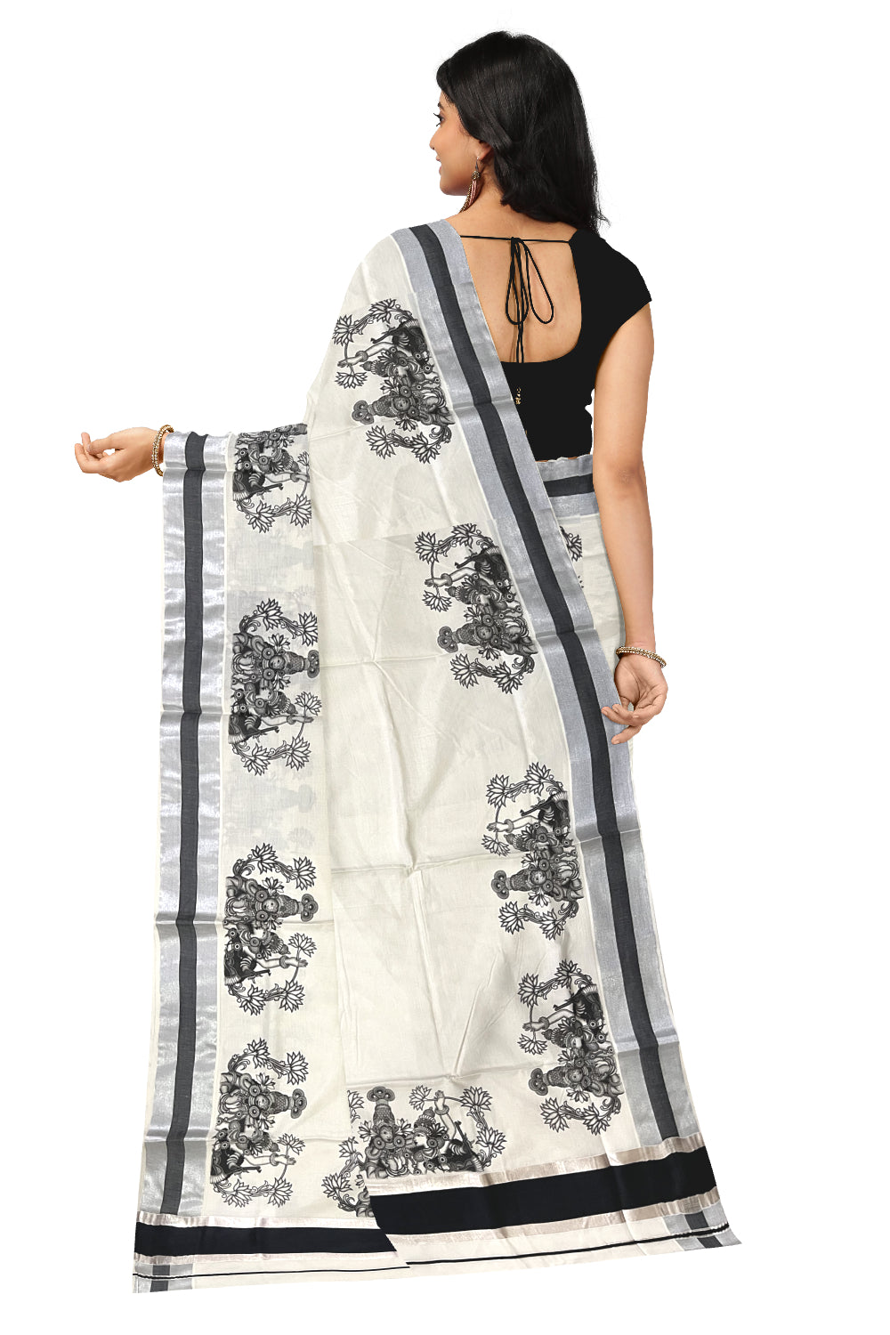 Pure Cotton Kerala Silver Kasavu Saree with Krishna Radha Mural Prints and Black Border (Onam Saree 2023)