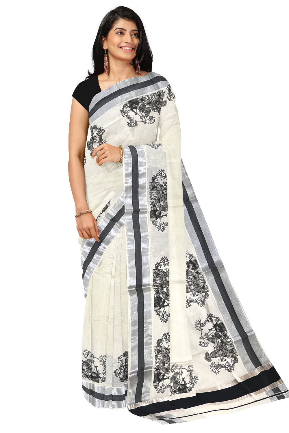 Pure Cotton Kerala Silver Kasavu Saree with Krishna Radha Mural Prints and Black Border (Onam Saree 2023)