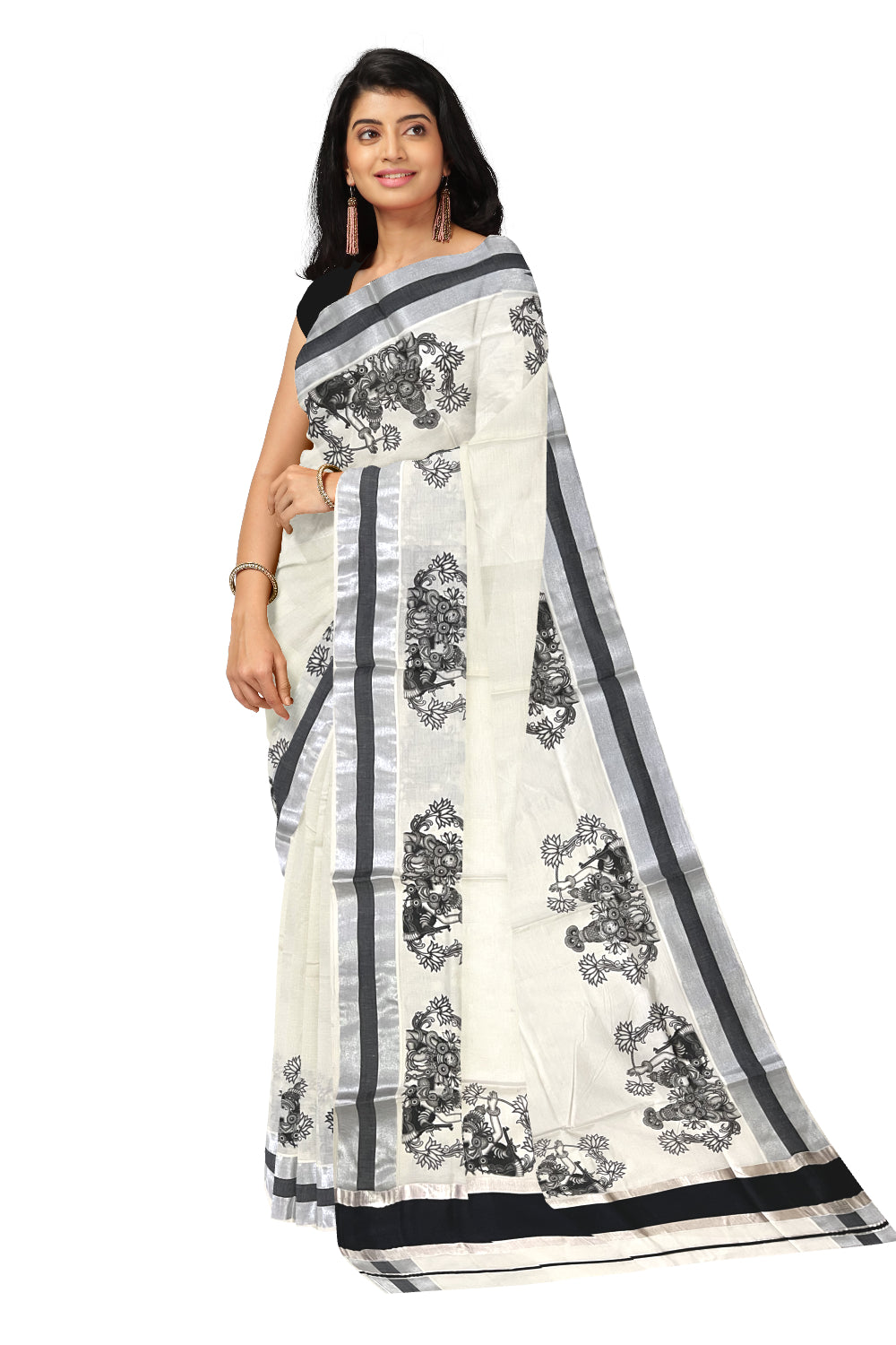 Pure Cotton Kerala Silver Kasavu Saree with Krishna Radha Mural Prints and Black Border (Onam Saree 2023)