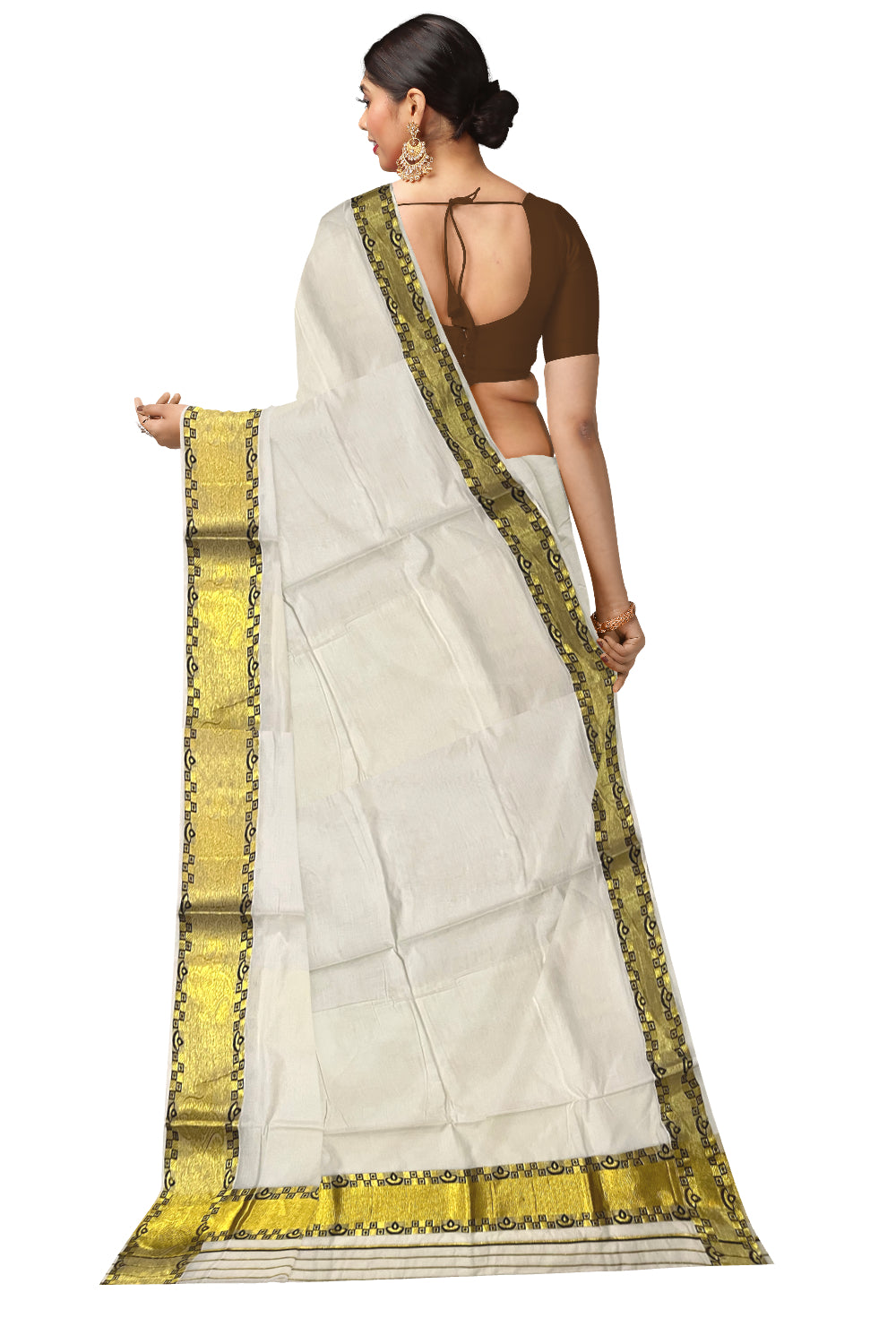 Kerala Pure Cotton Saree with Kasavu and Brown Woven Works on Border