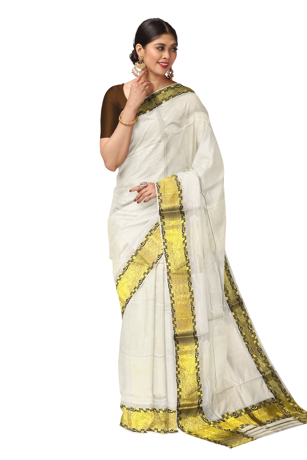 Kerala Pure Cotton Saree with Kasavu and Brown Woven Works on Border