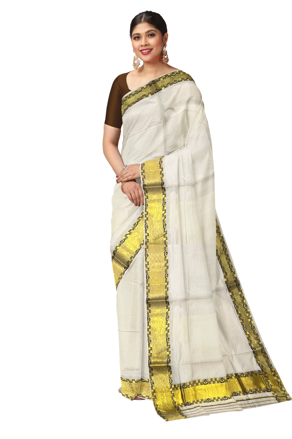 Kerala Pure Cotton Saree with Kasavu and Brown Woven Works on Border