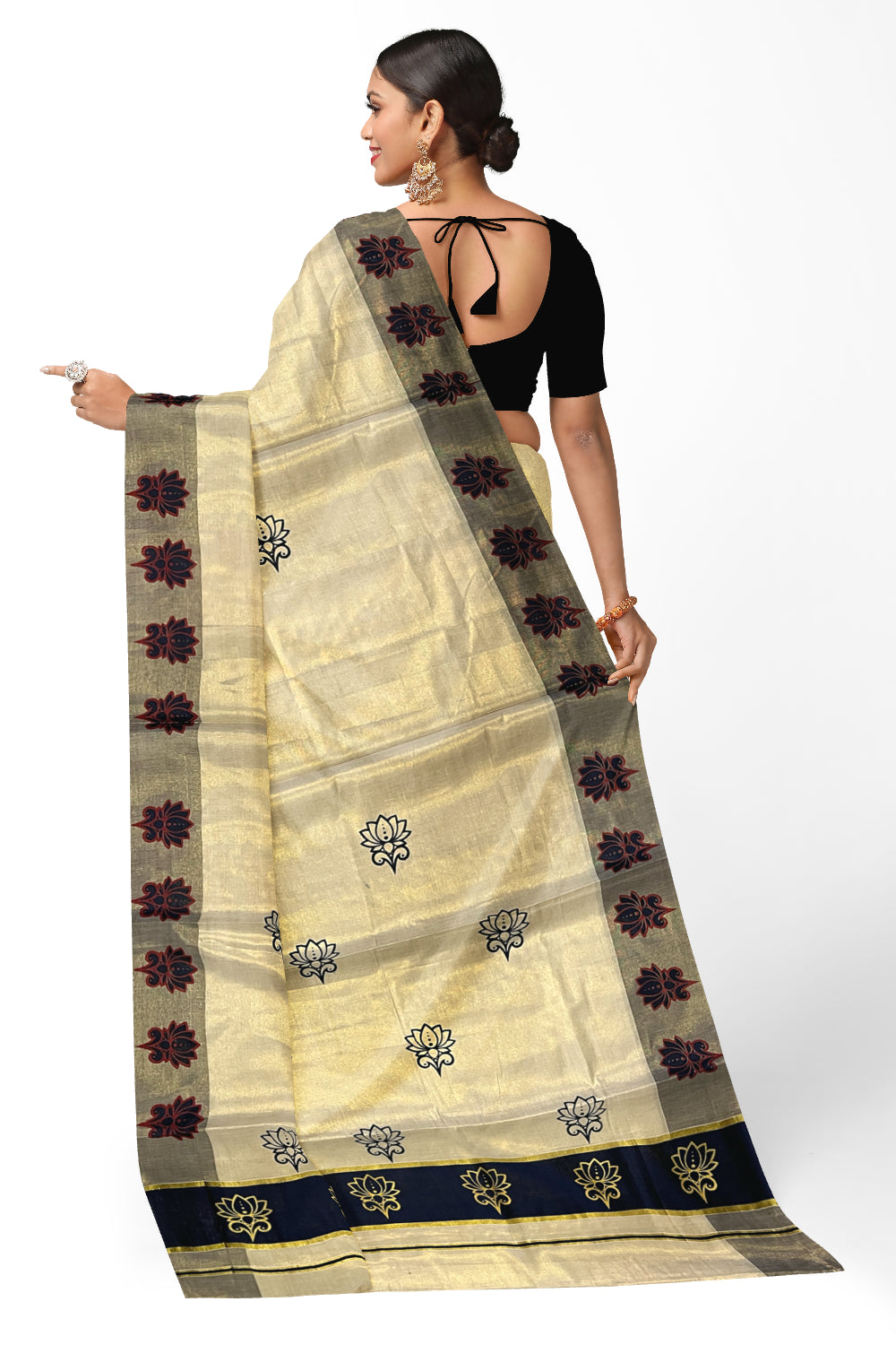 Kerala Tissue Kasavu Saree with Navy Blue and Golden Block Prints and Navy Blue Border