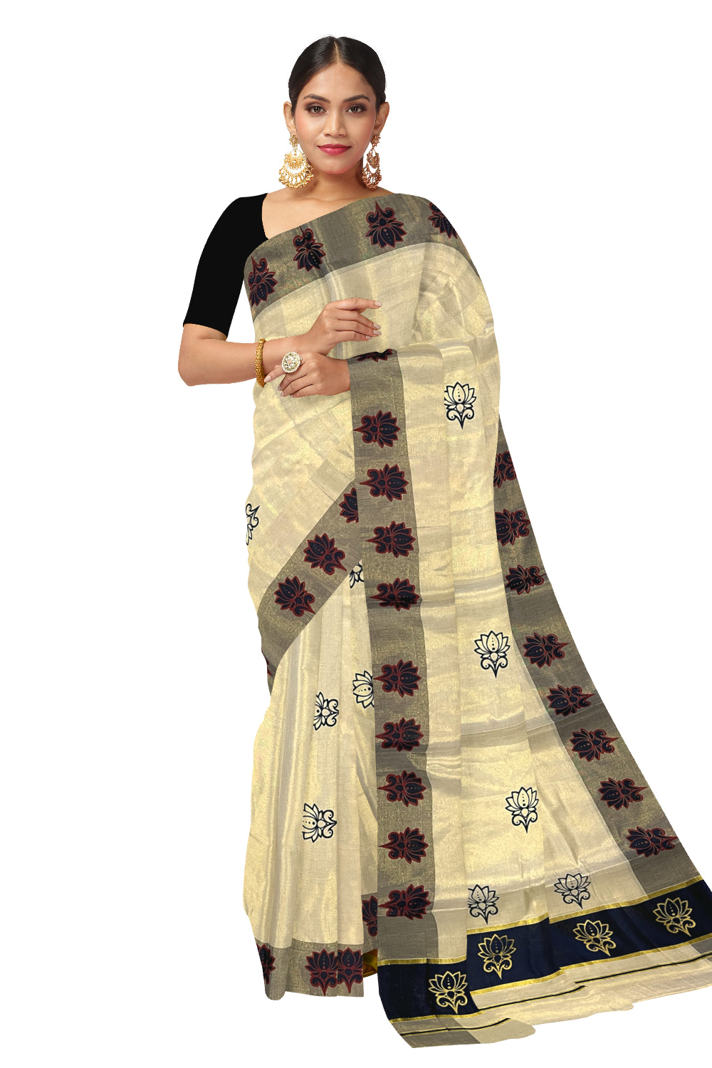 Kerala Tissue Kasavu Saree with Navy Blue and Golden Block Prints and Navy Blue Border