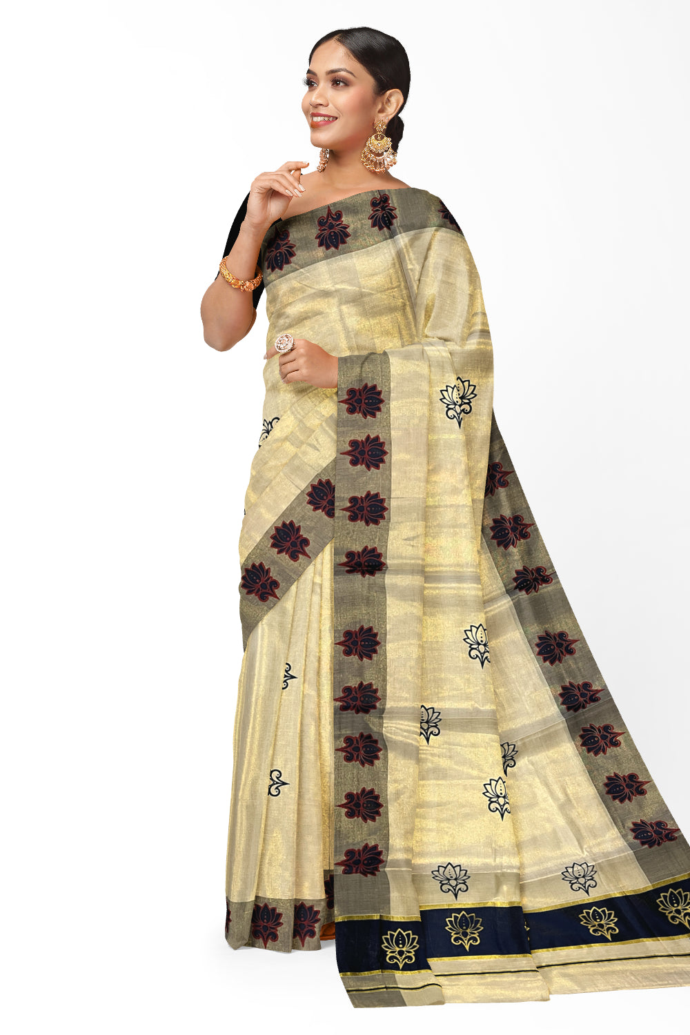 Kerala Tissue Kasavu Saree with Navy Blue and Golden Block Prints and Navy Blue Border