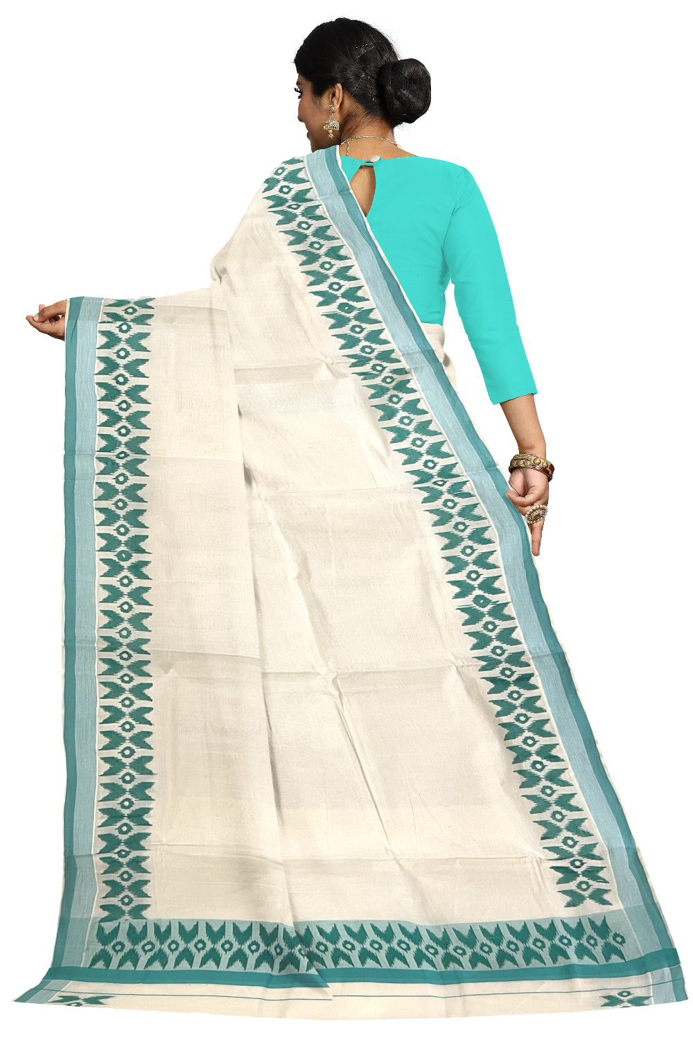 Pure Cotton Kerala Saree with Turquoise Block Printed Border