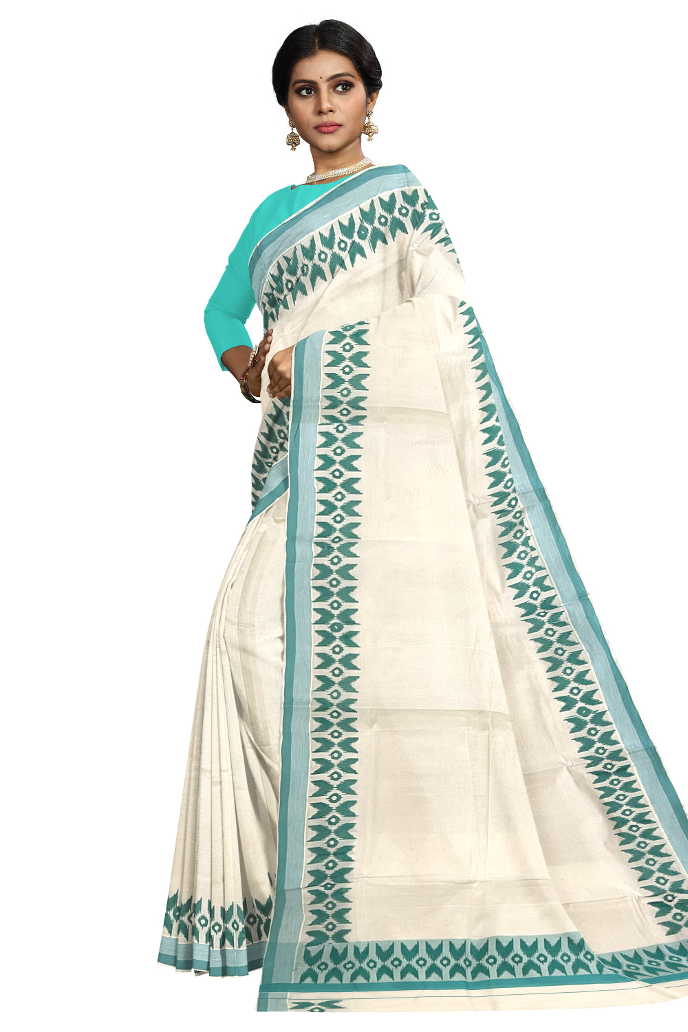 Pure Cotton Kerala Saree with Turquoise Block Printed Border