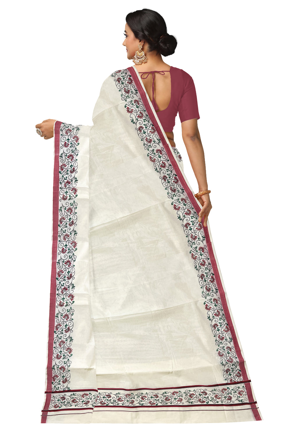 Pure Cotton Kerala Saree with Floral Block Prints and Red Border