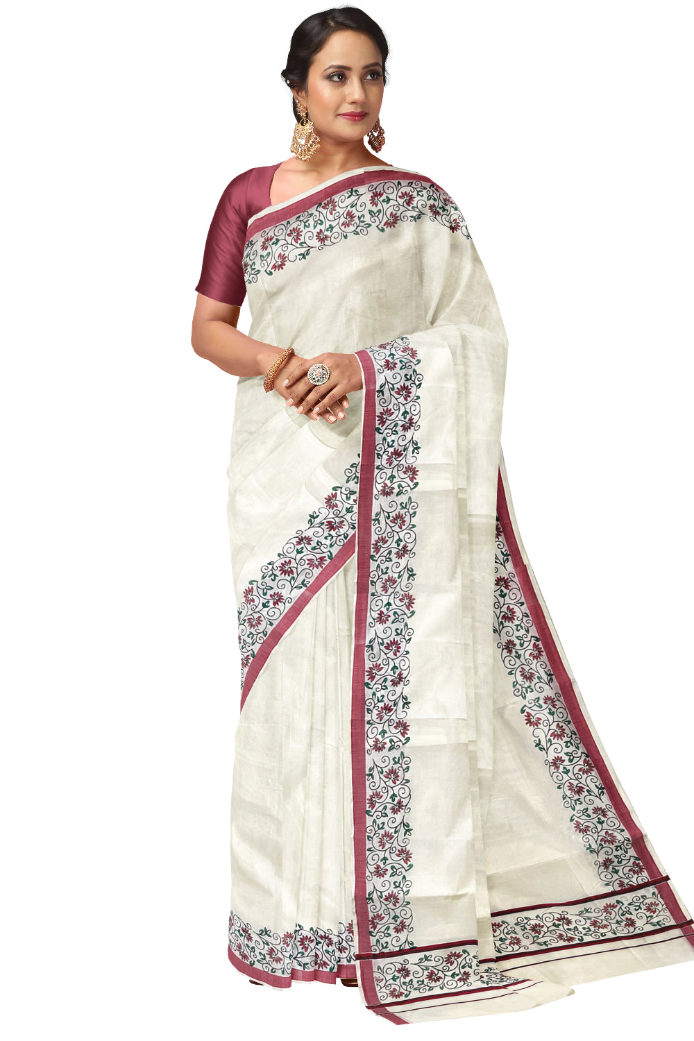 Pure Cotton Kerala Saree with Floral Block Prints and Red Border