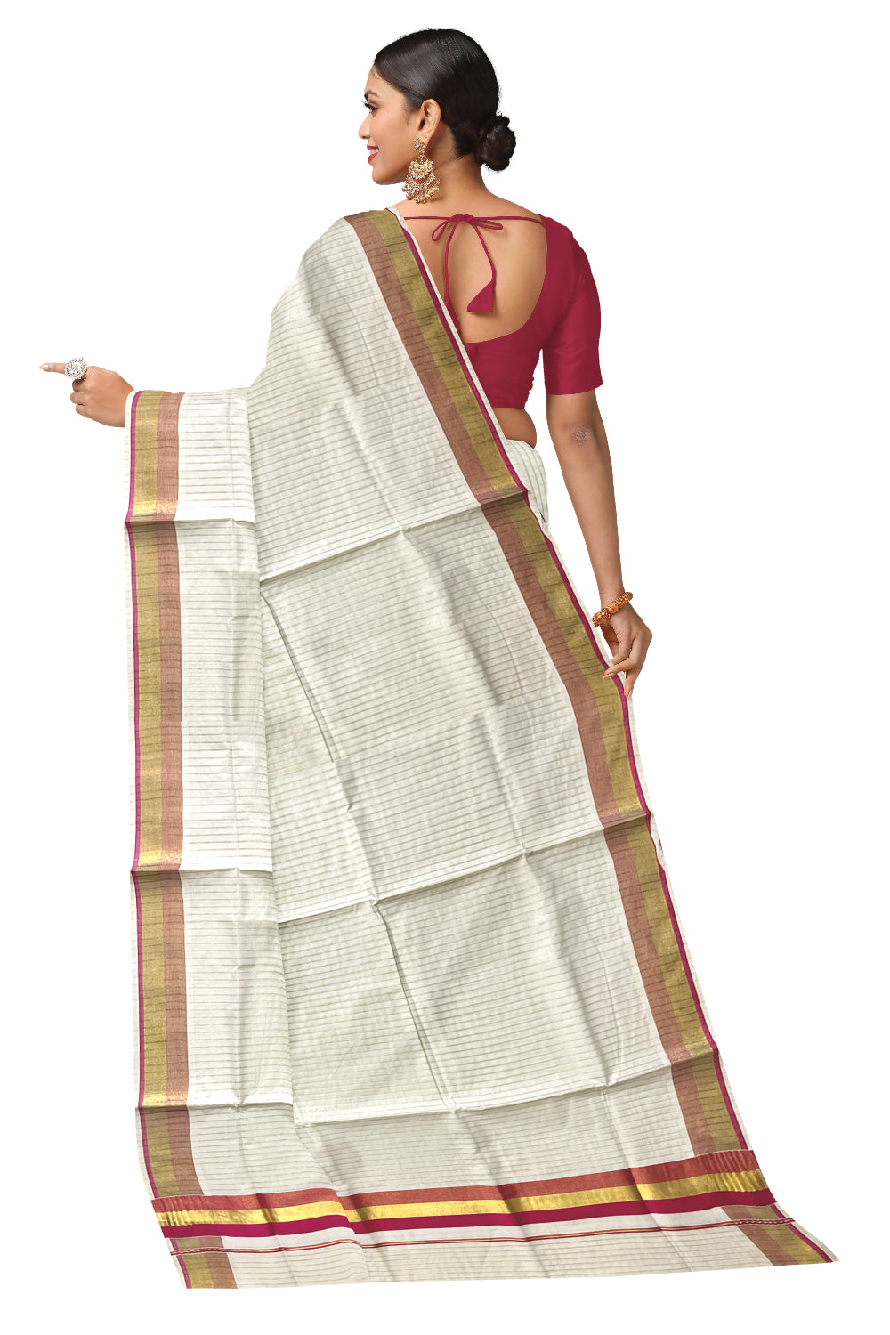 Pure Cotton Kerala Kasavu Lines Design Saree with Pinkish Magenta Border
