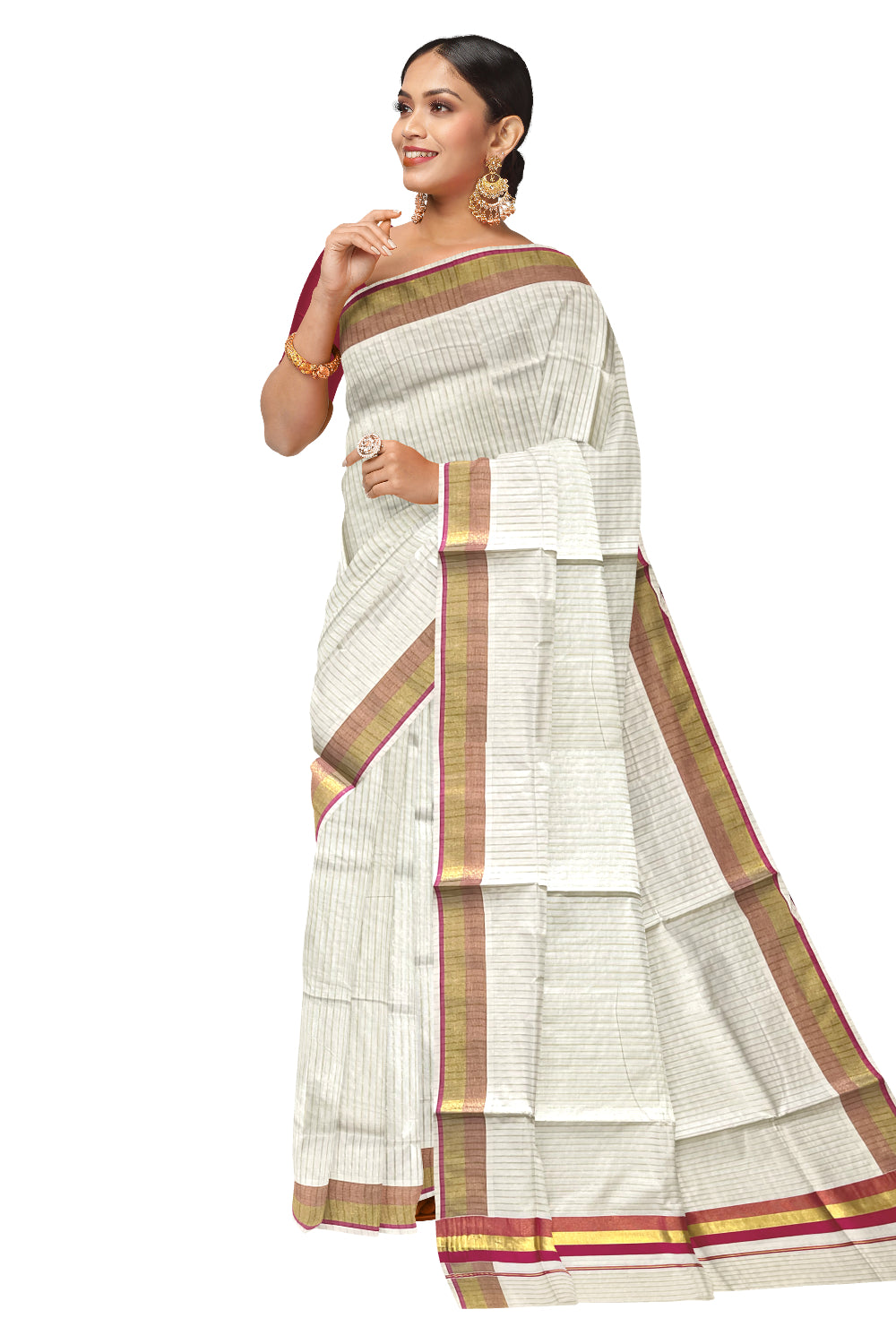 Pure Cotton Kerala Kasavu Lines Design Saree with Pinkish Magenta Border