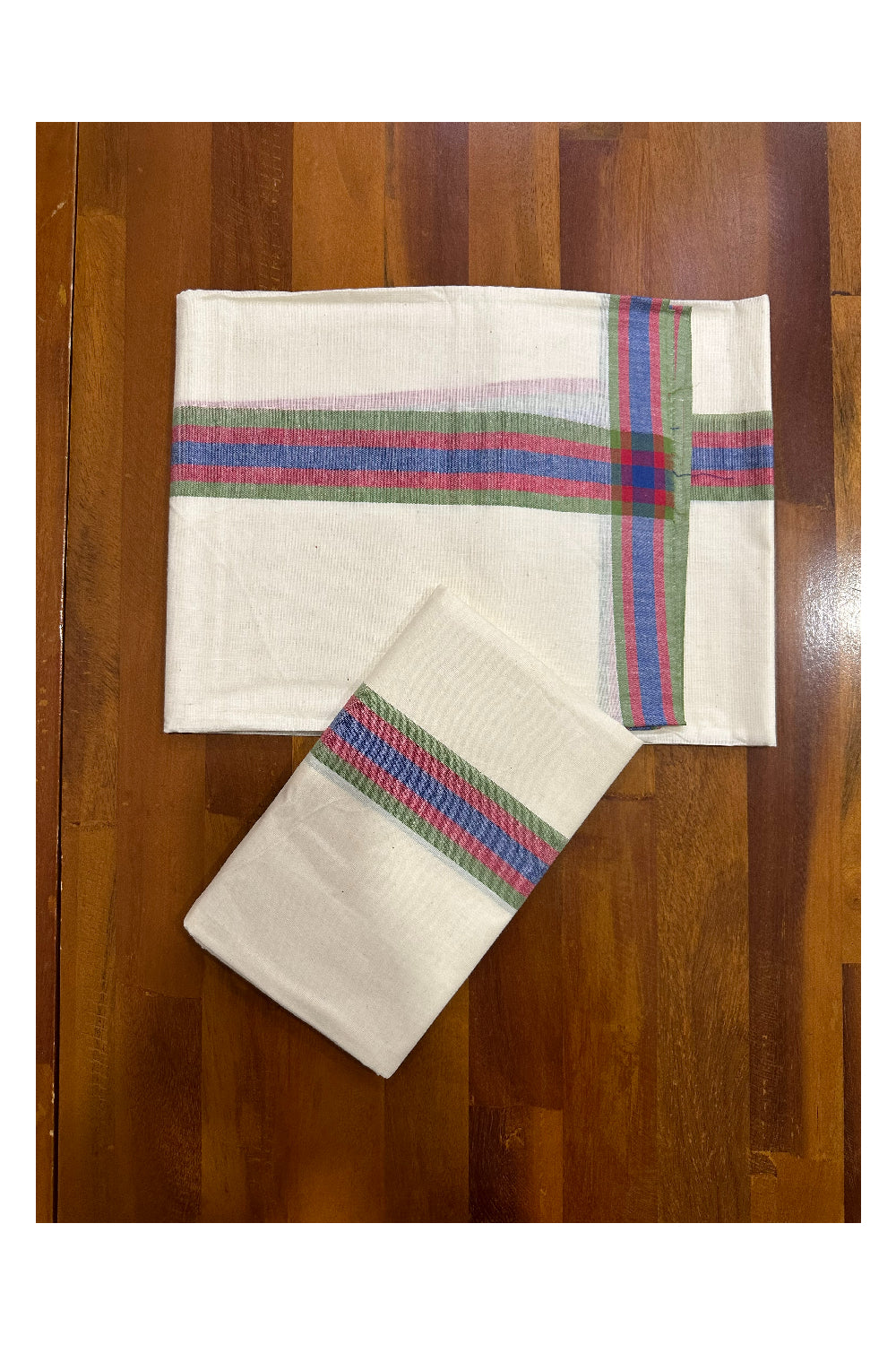 Kerala Mulloth Soft Cotton Mundum Neriyathum Single with Green Red and Blue Border (Onam Set Mundu 2023)