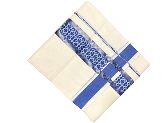 Southloom Pure Cotton Mundu With Silver Lines And Blue Print (South Indian Kerala Dhoti)