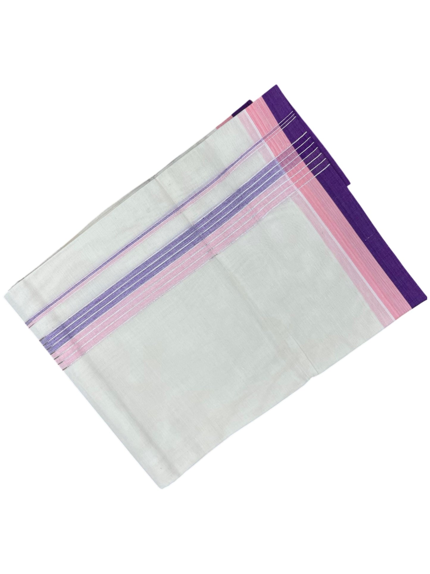 Southloom Kerala Pure Cotton Double Mundu with Pink and Violet Border with (South Indian Dhoti)