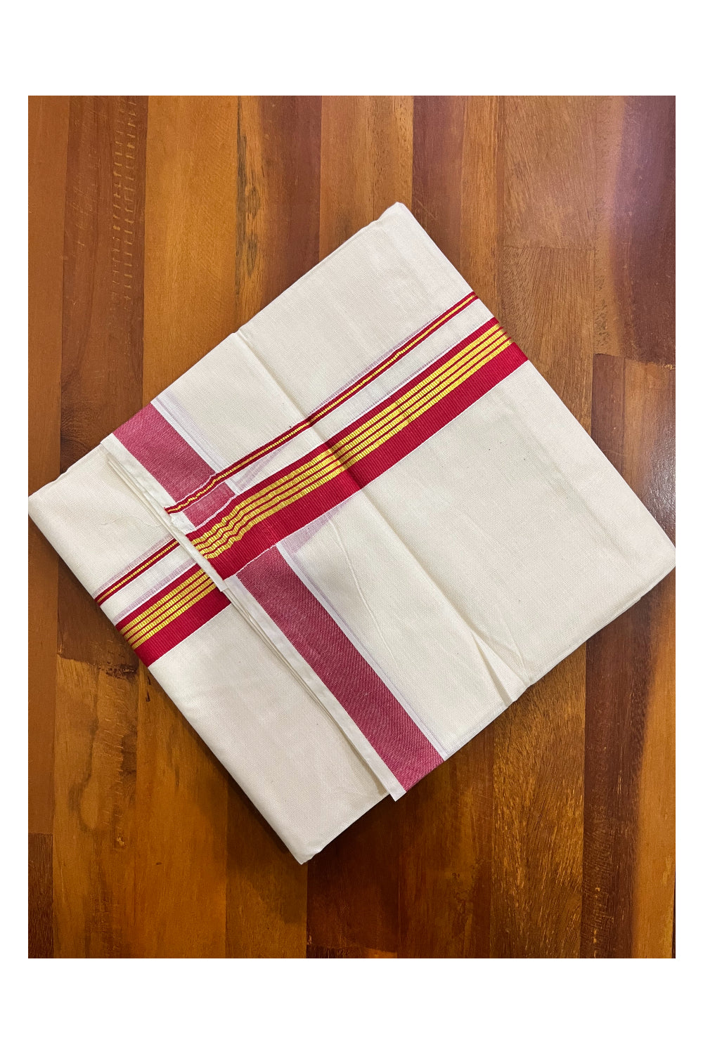 Off White Kerala Cotton Double Mundu with Kasavu and Red Border (South Indian Kerala Dhoti)