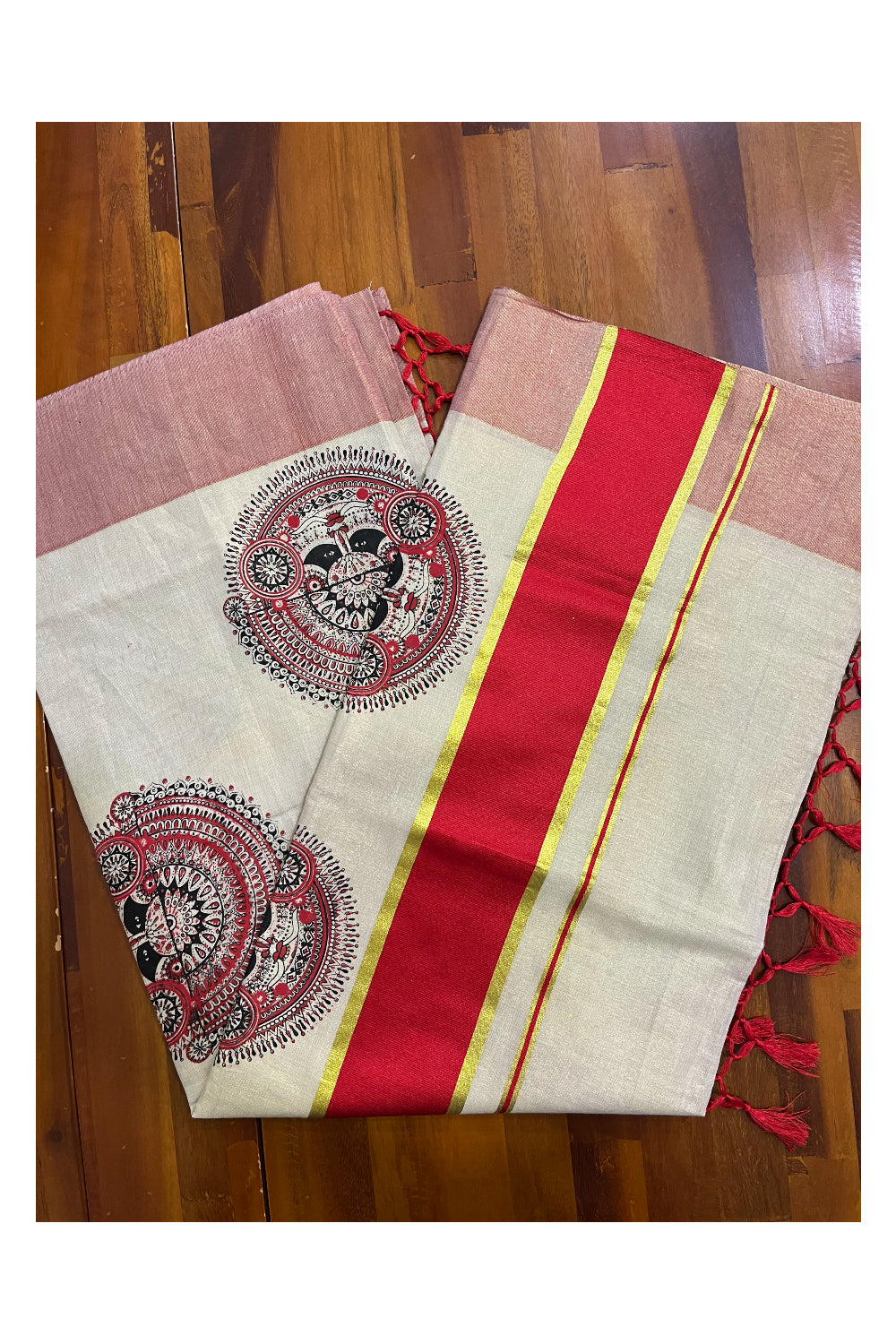 Kerala Tissue Kasavu Saree with Theyyam Mural Printed Designs and Red Border