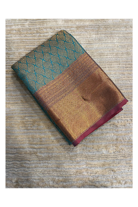Southloom Banarasi Silk Brocade Bridal Saree WIth Woven Borders And Blouse Piece in Blue And Maroon