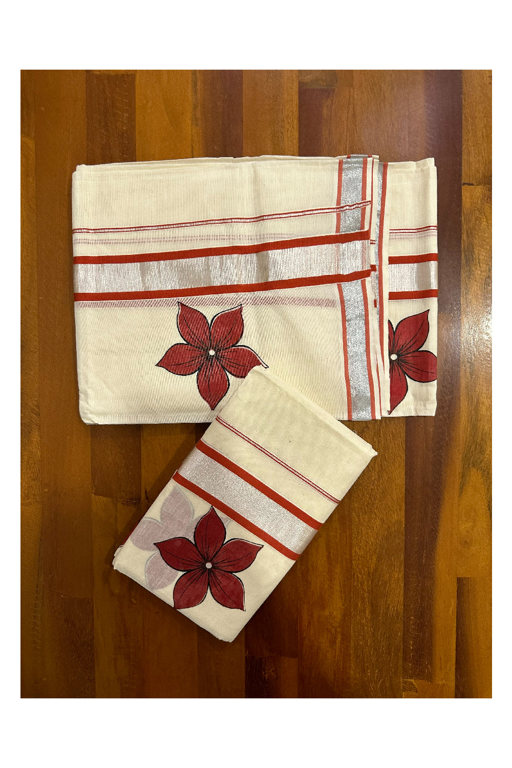 Cotton Silver Kasavu Single Set Mundu (Mundu Neriyathum) with Dark Orange Floral Block Prints 2.80 Mtrs (Onam Set Mundu 2023)