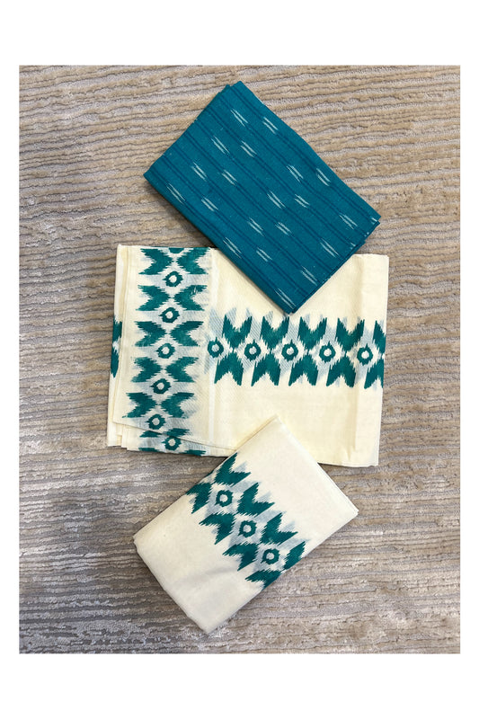Southloom Ikat Design Greenish Blue Printed Set Mundu with Blouse Piece 2.80Mtrs