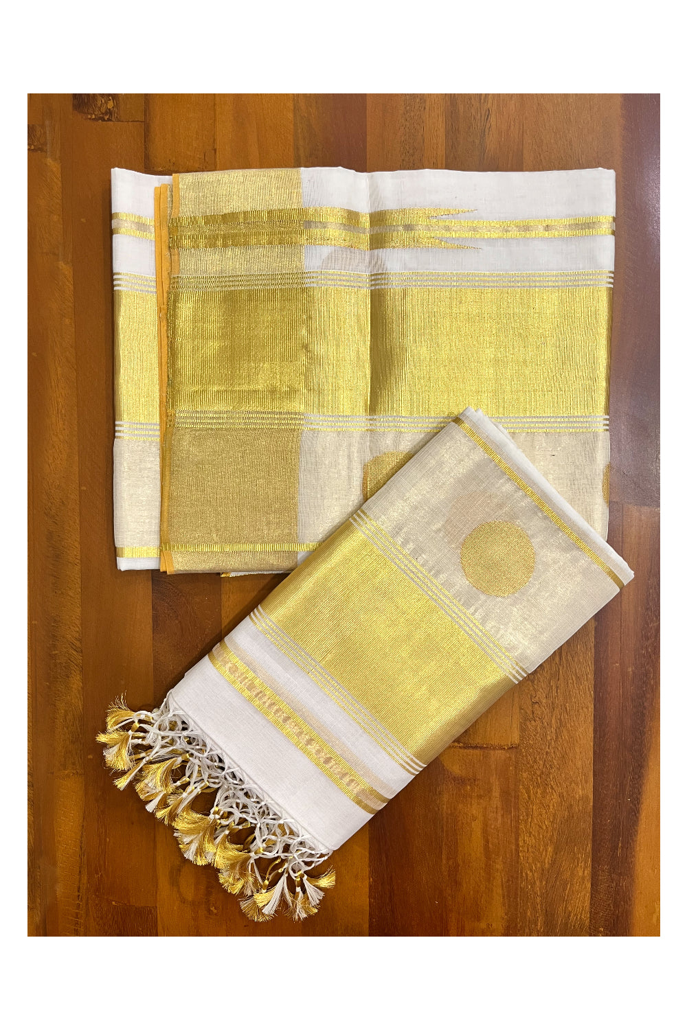 Southloom Super Premium Balaramapuram Handloom Unakkupaavu Cotton Wedding Pudava Set Mundu with Polka Woven Designs on Border 2.80 Mtrs