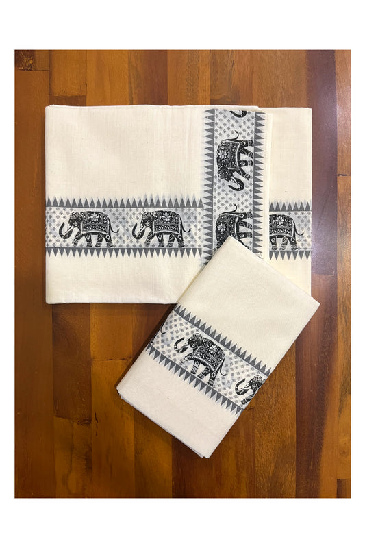 Kerala Pure Cotton Single Set Mundu (Mundum Neriyathum) with Black Elephant Block Prints on Temple Border